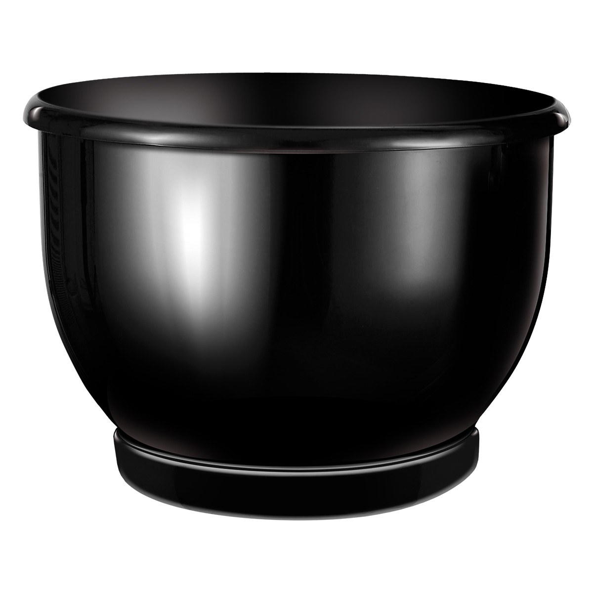 Duża, błyszcząca czarna miska na białym tle, z zaokrąglonym dnem i płaską podstawą.