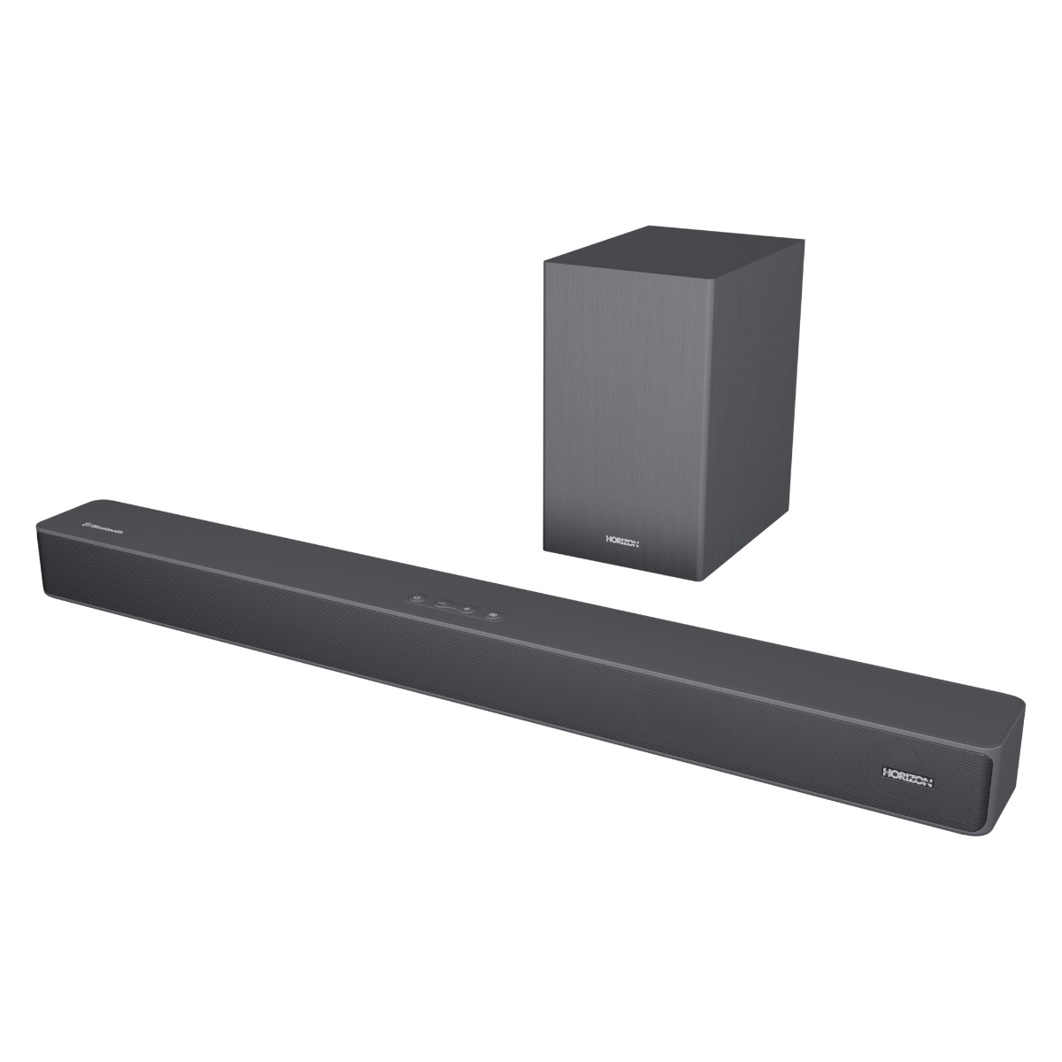 Een donkergrijze soundbar en subwoofer set op een witte achtergrond. De soundbar heeft een Bluetooth symbool.