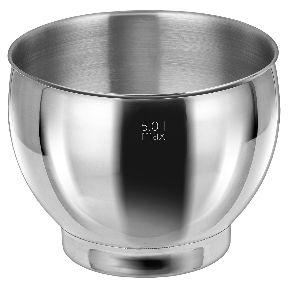Błyszcząca misa do mieszania ze stali nierdzewnej, z napisem max 5,0 l.