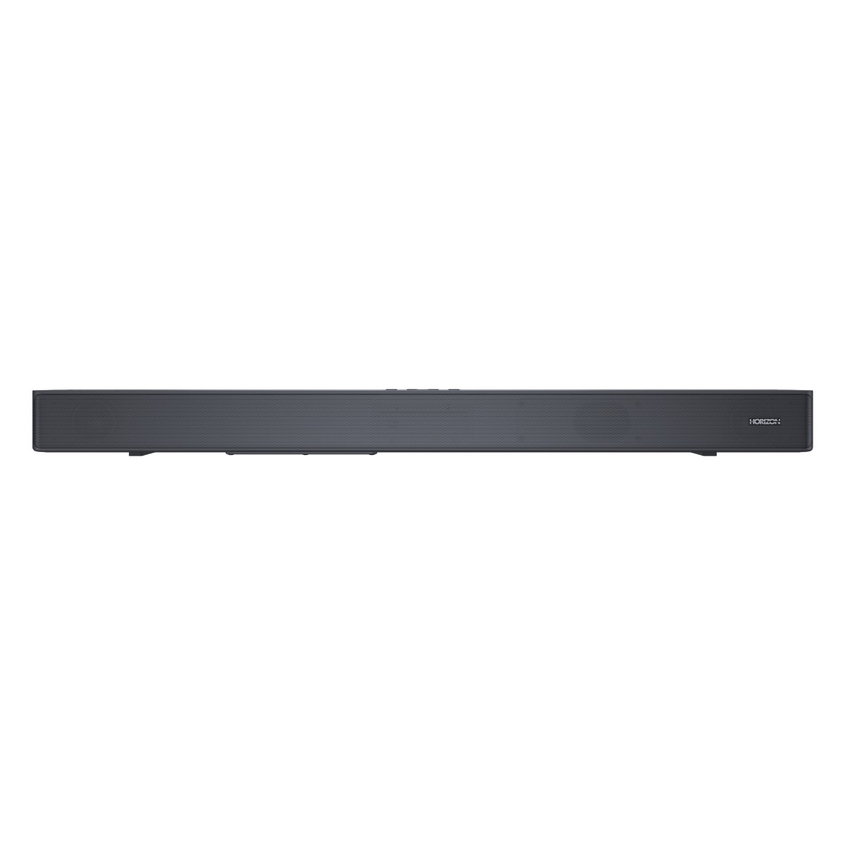 Zwarte soundbar met het Horizon logo, op een witte achtergrond.
