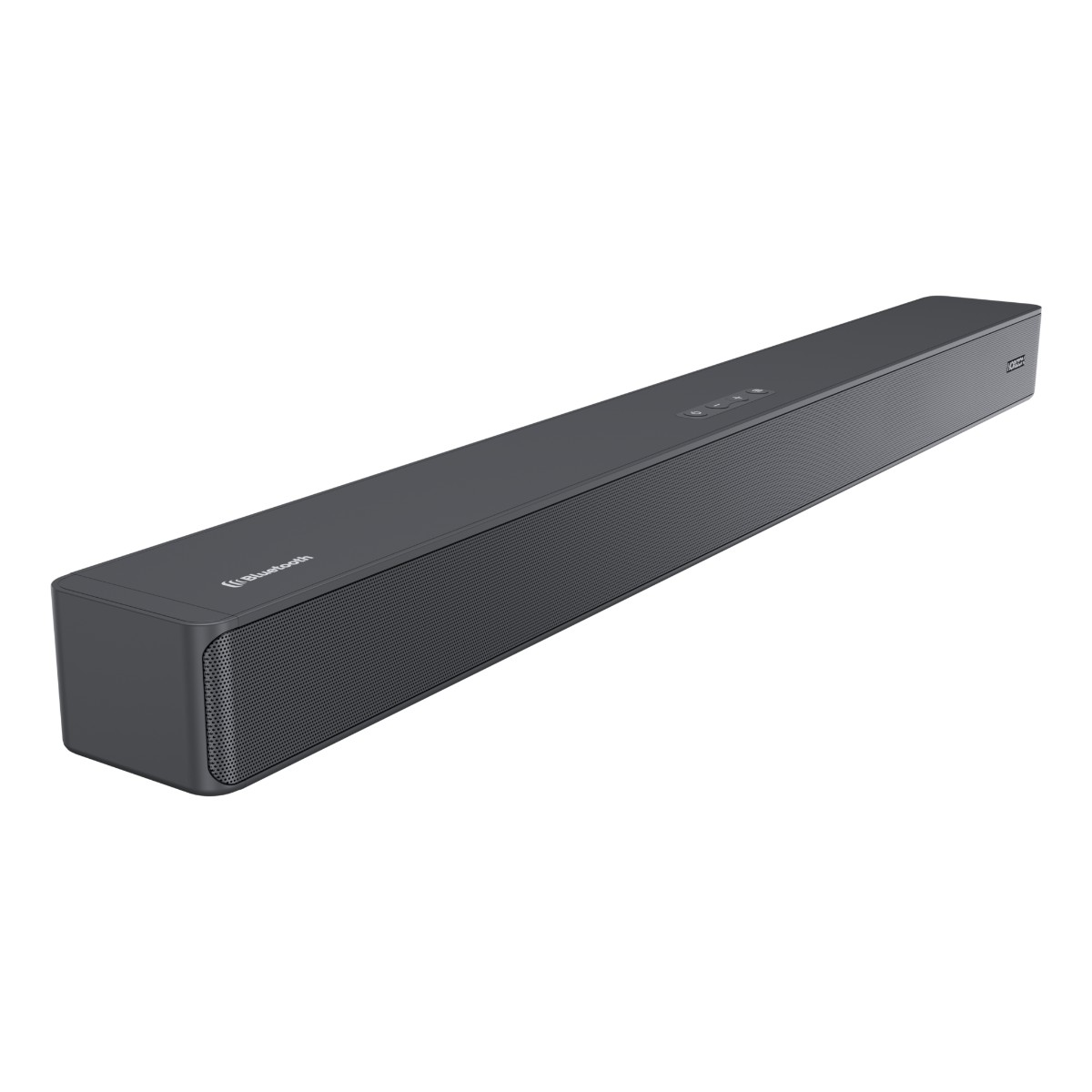 Een lange, donkergrijze soundbar met een Bluetooth-logo, op een wit oppervlak.