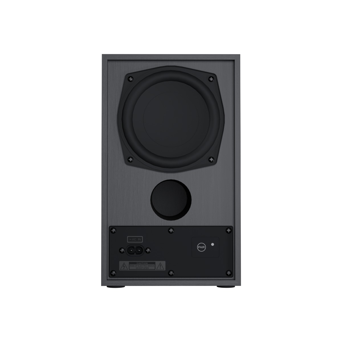 Achteraanzicht van een donkergrijze speaker. Kenmerken zijn een AC-ingang en een koppelknop.