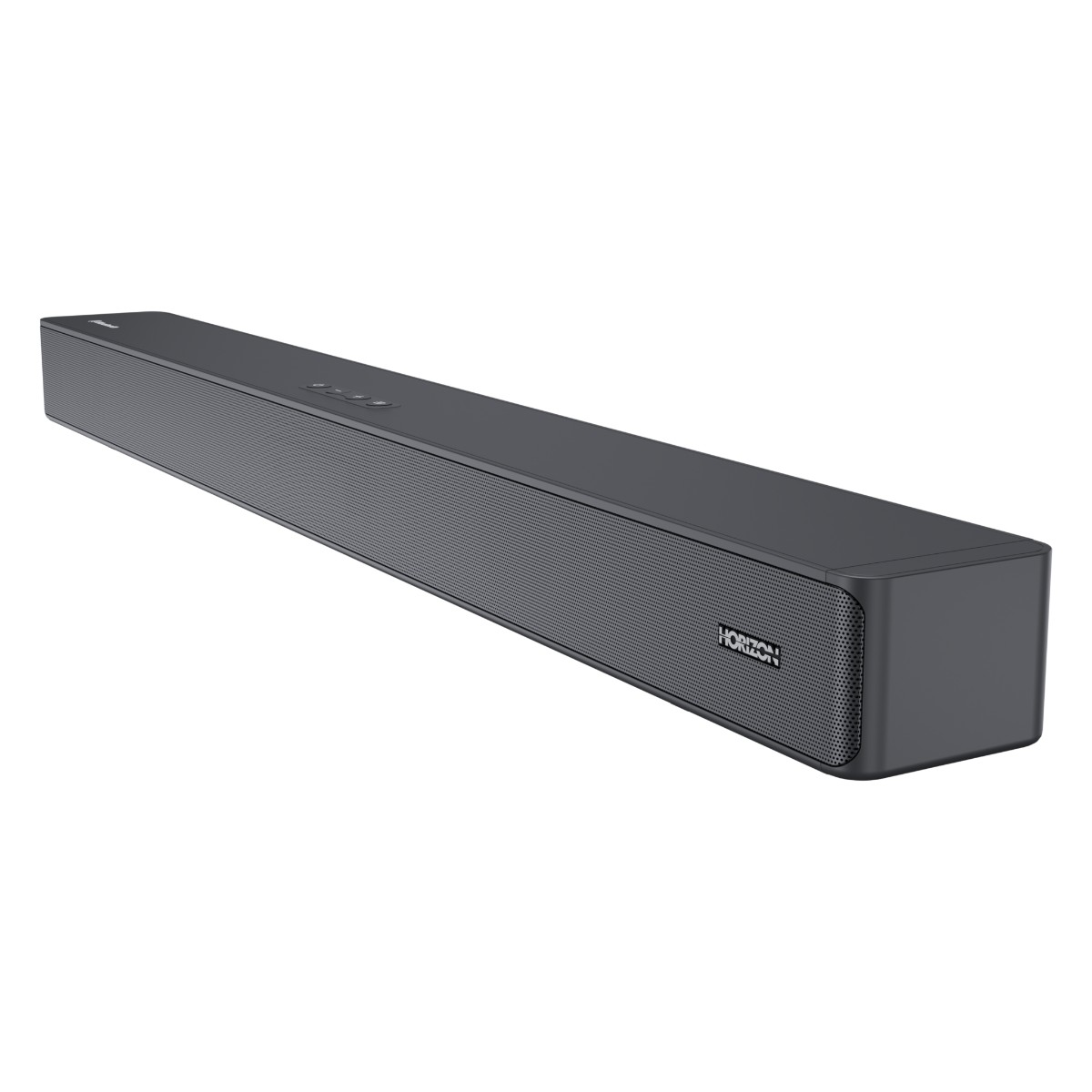 Een lange, donkergrijze soundbar met een mesh voorkant, onder een hoek bekeken.