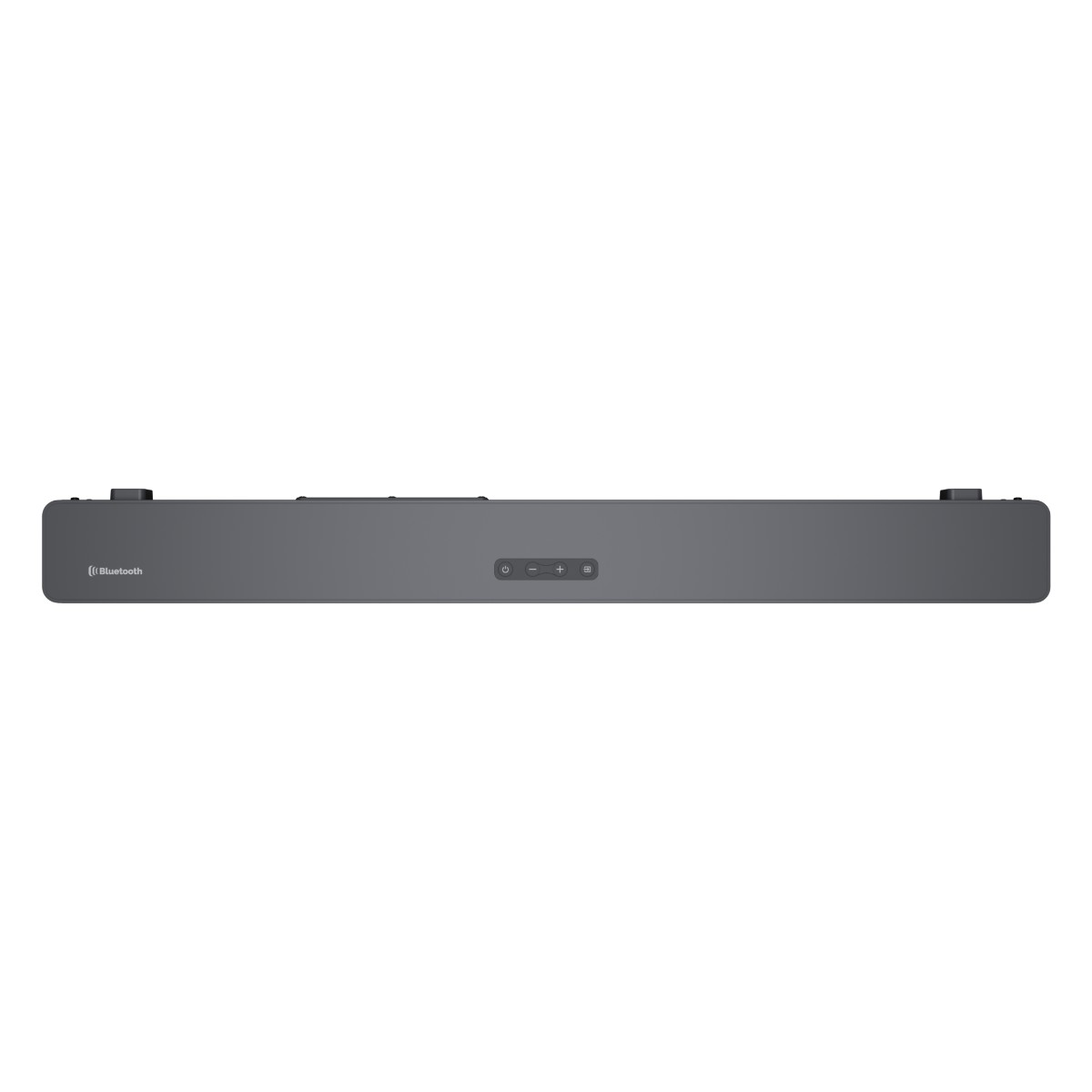 Een grijze soundbar met Bluetooth, aan/uit-, volume- en mute-knoppen, geplaatst op een witte achtergrond.
