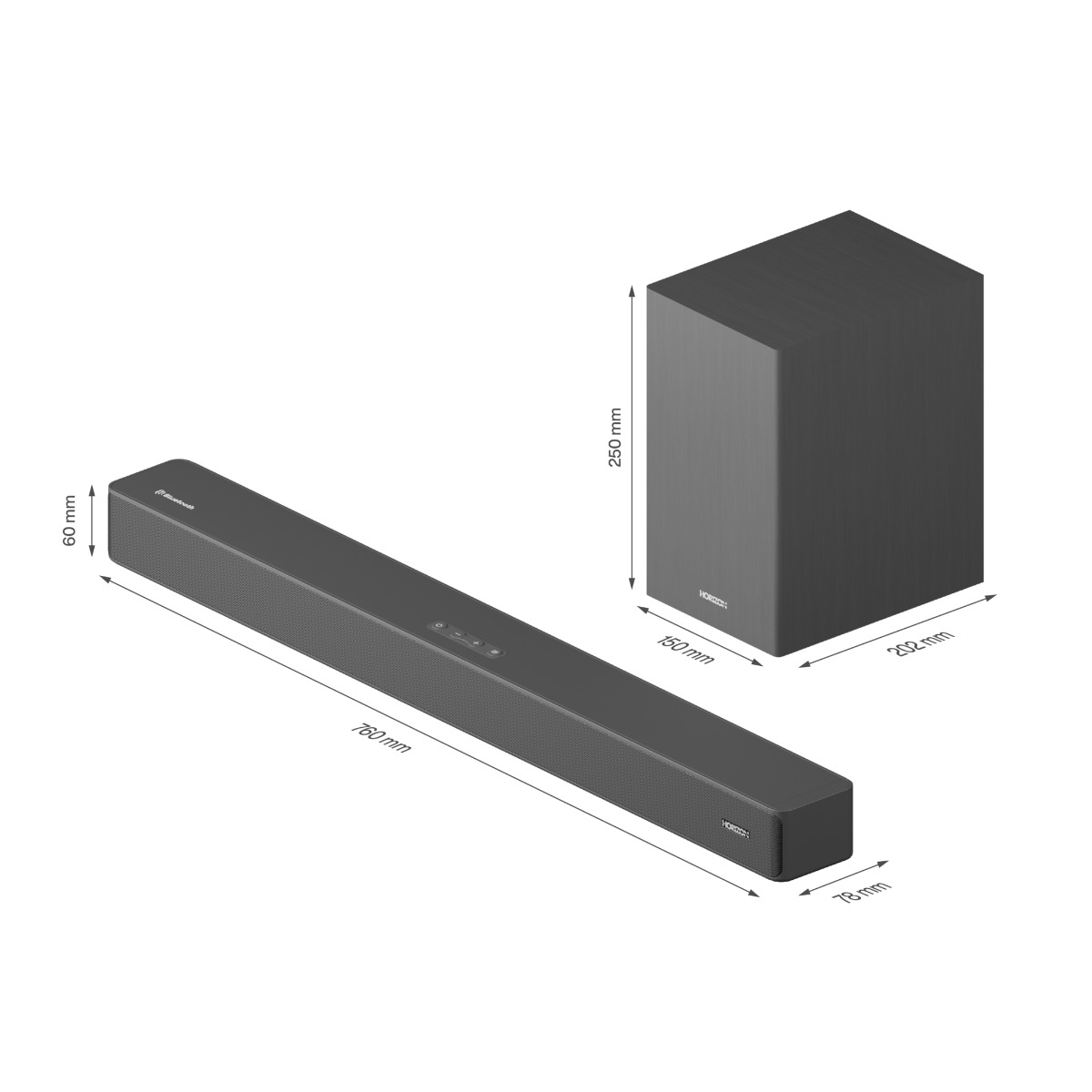 Donkergrijze soundbar en subwoofer. Afmetingen worden weergegeven op de afbeelding.