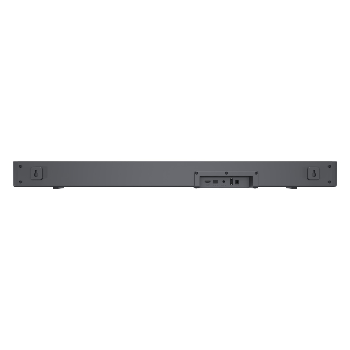 Donkergrijze soundbar met poorten aan de achterkant, muurbeugels. Witte achtergrond.