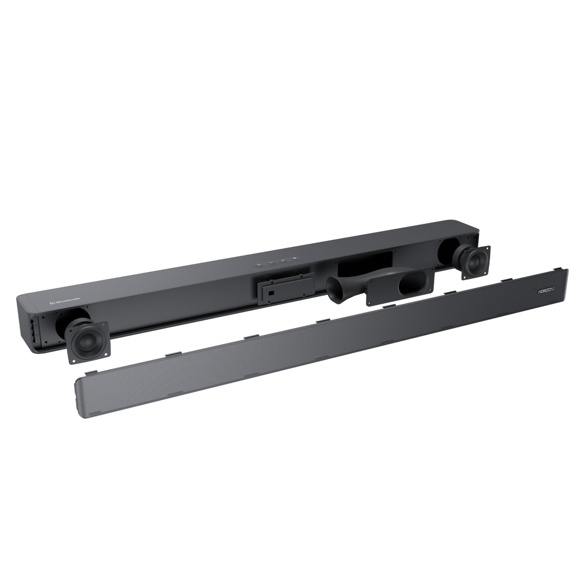 Een zwarte soundbar met de onderdelen los wordt getoond. Deze staat op een witte achtergrond.