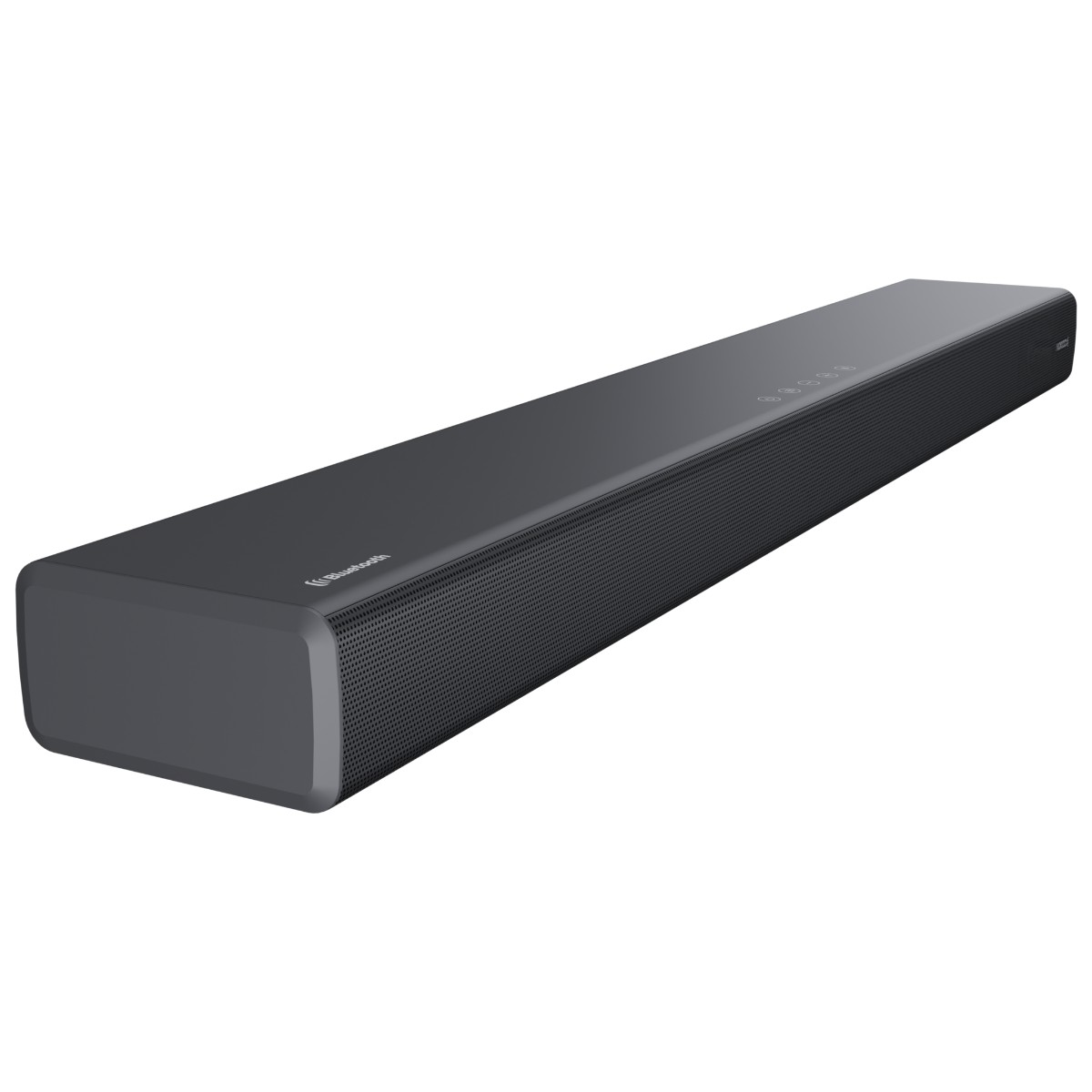 Zwarte soundbar geïsoleerd op witte achtergrond. Vooraanzicht, schuin.