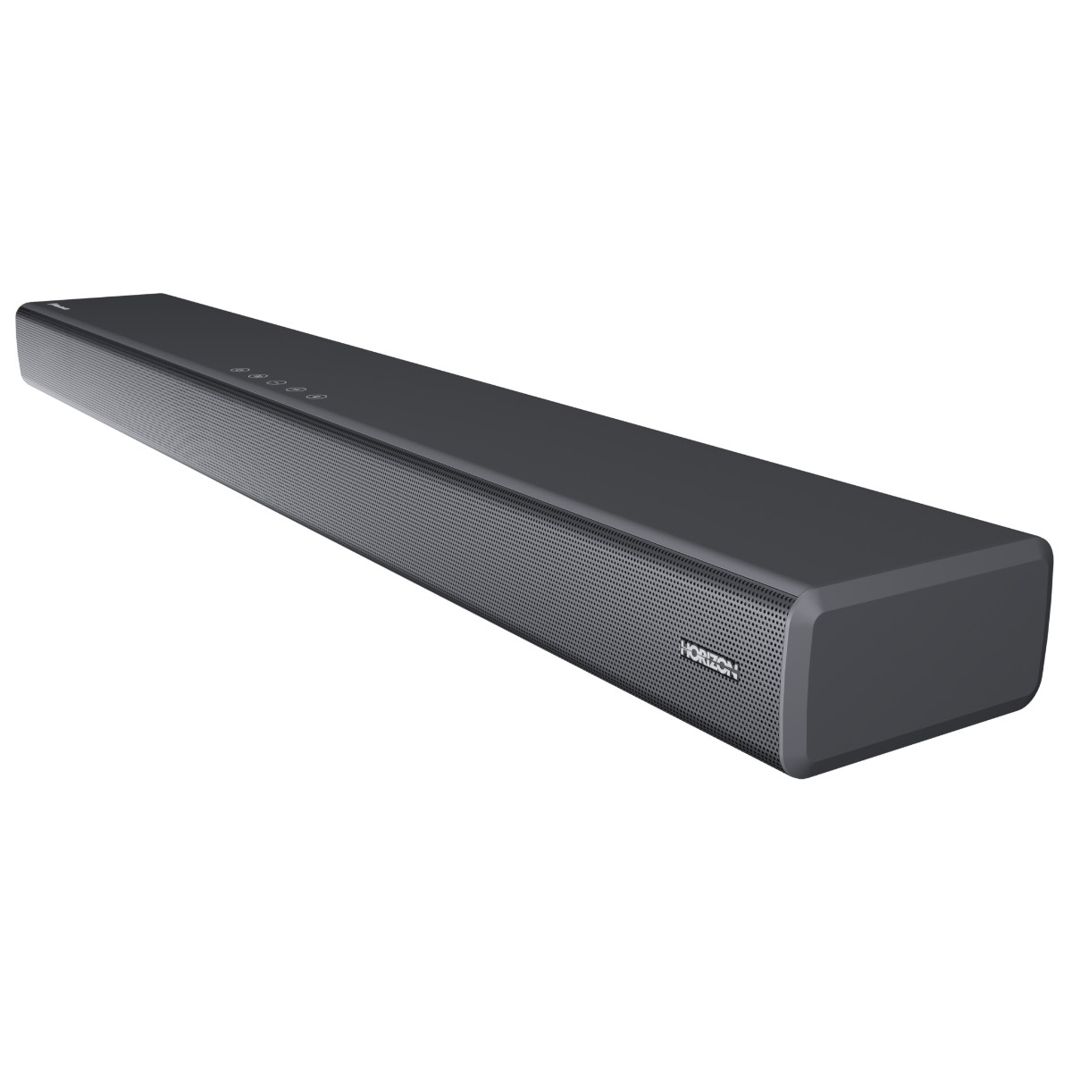 Donkergrijze soundbar-luidspreker op een witte achtergrond.