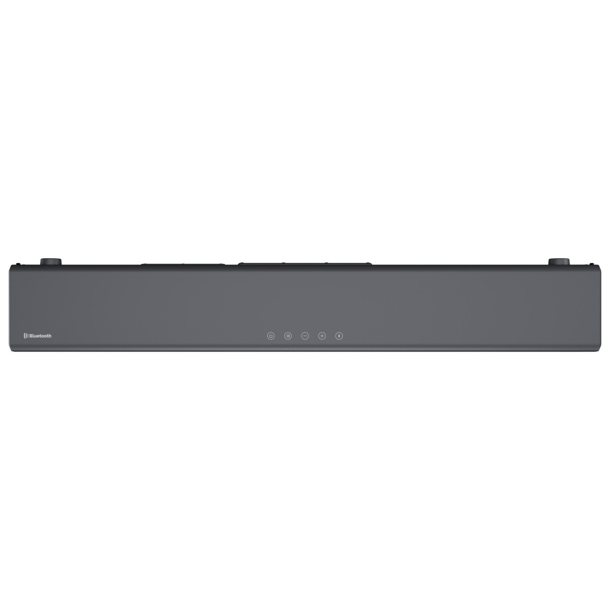 Een lange, donkergrijze soundbar met bedieningsknoppen en een Bluetooth-symbool.