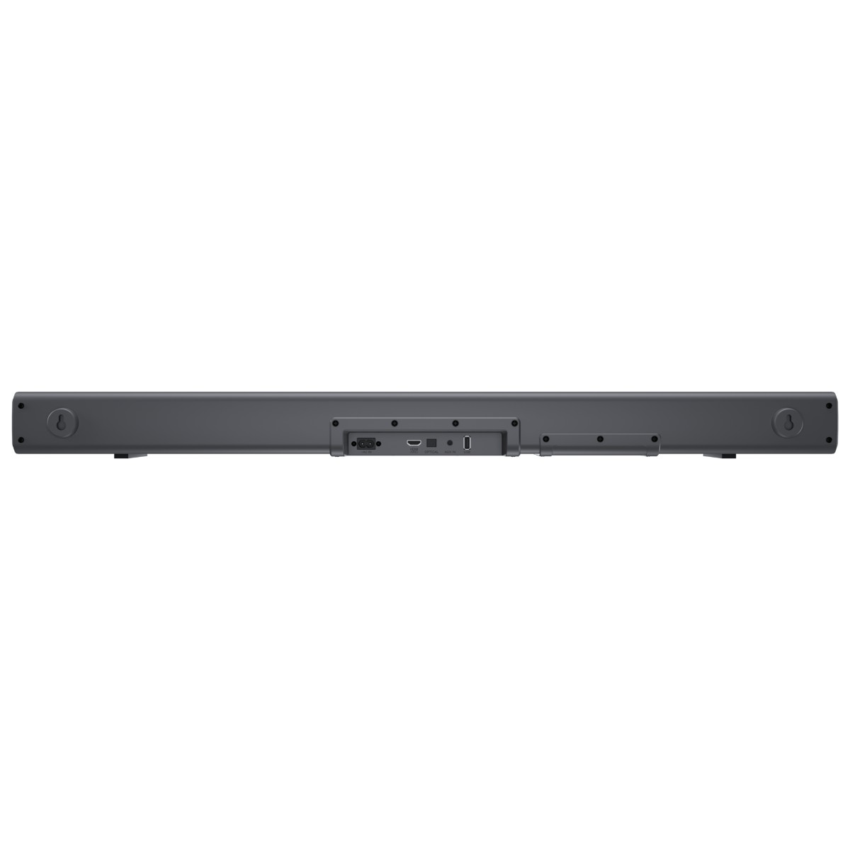 Een donkergrijze soundbar, met poorten en aansluitingen zichtbaar aan de achterkant.