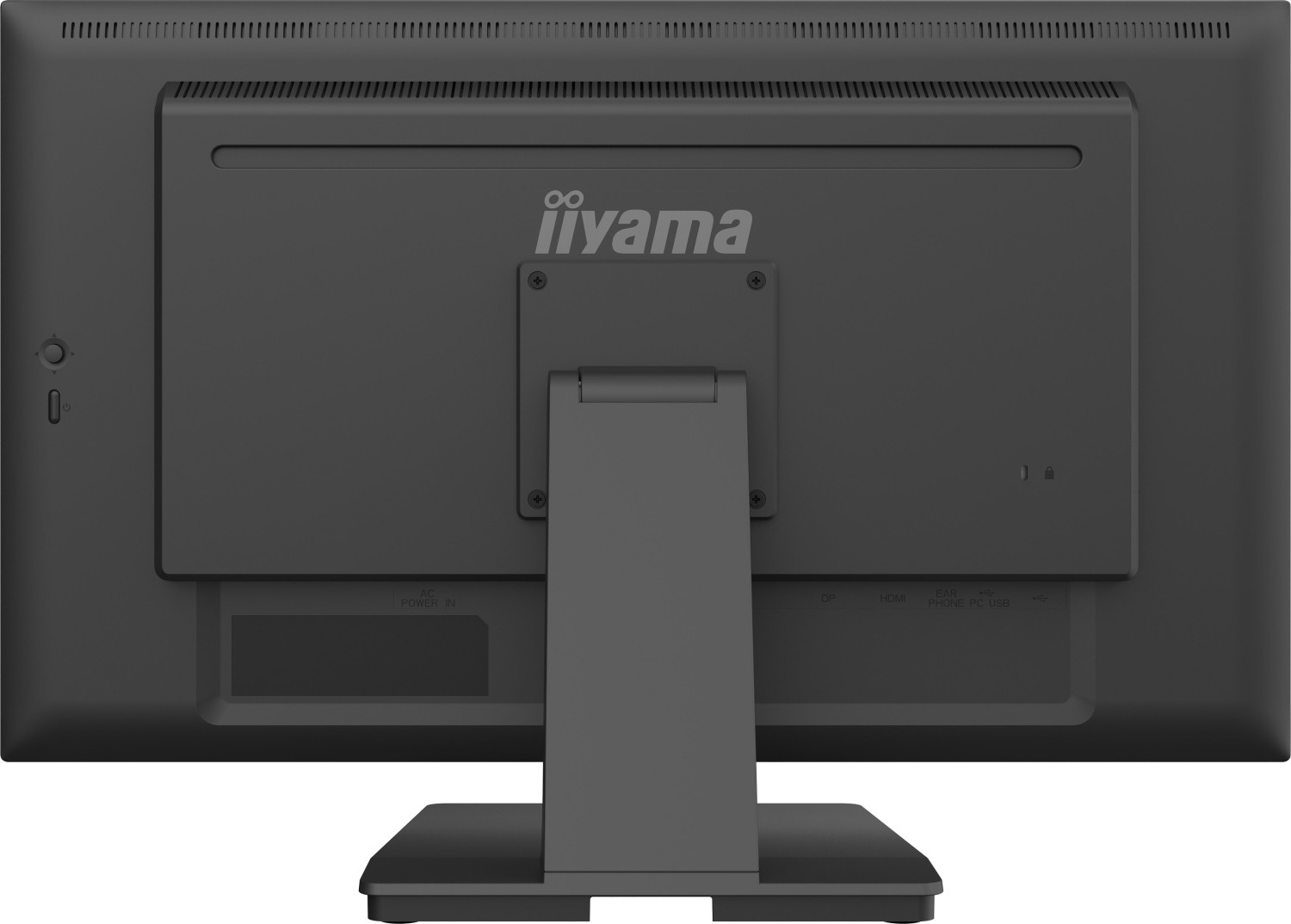 Tył ciemnego monitora z portami, podstawą i logo iiyama.
