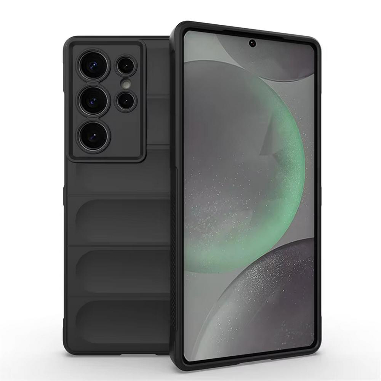 Deux coques de téléphone noires, l'une montrant les caméras arrière, l'autre l'écran.