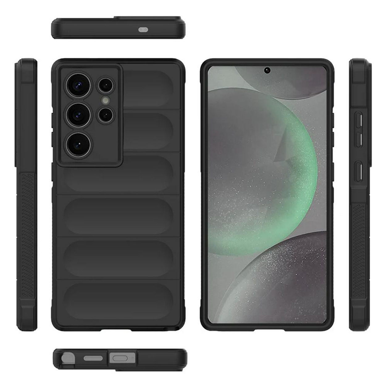 Un étui de téléphone noir pour un téléphone avec trois caméras arrière. Il montre les vues latérales et supérieures du téléphone.