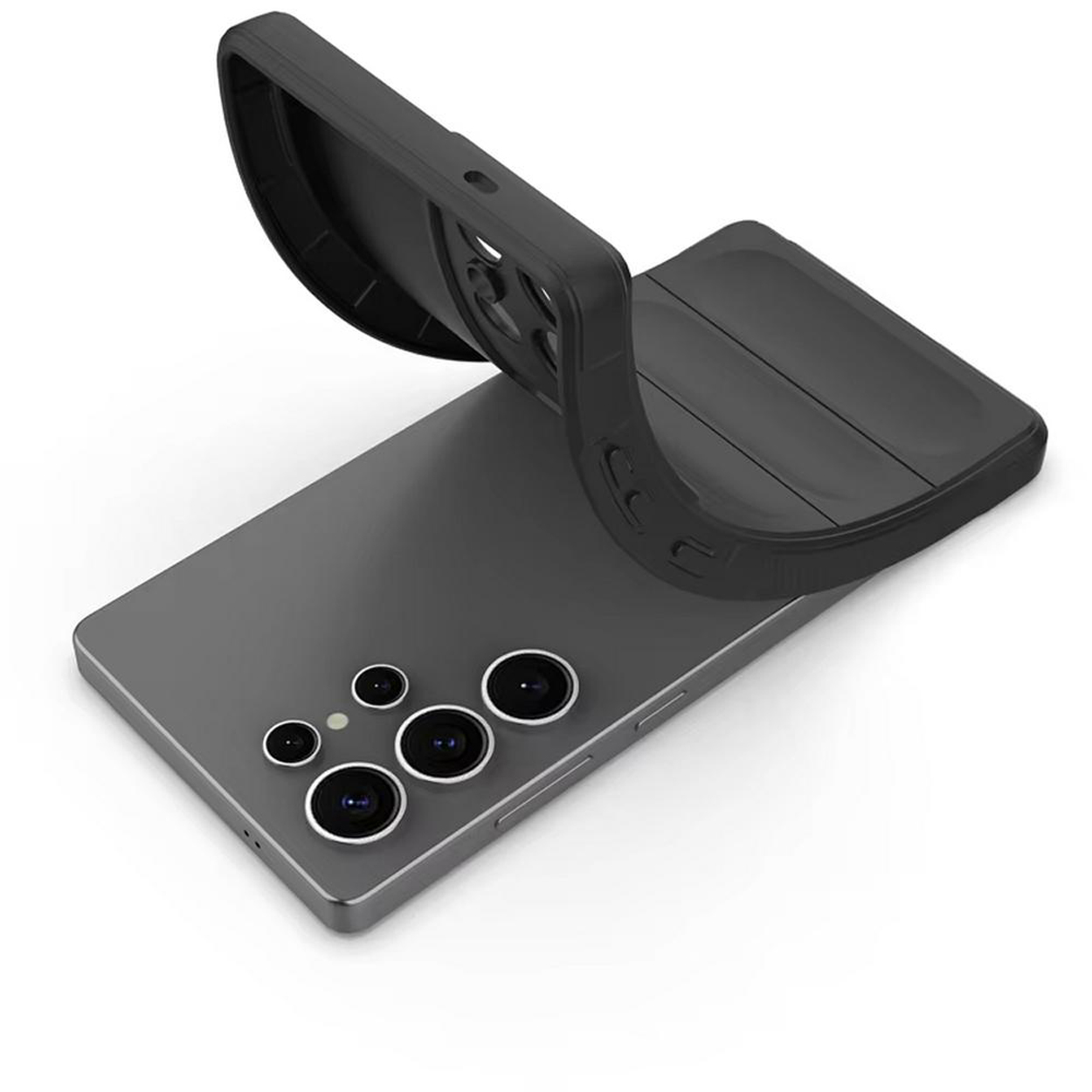 Téléphone noir avec objectifs et étui noir soulevé au-dessus.
