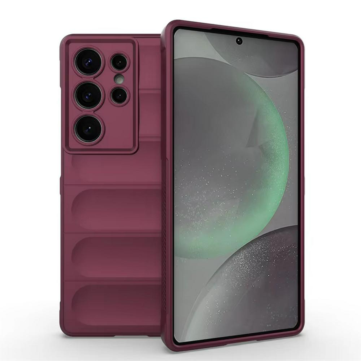 Coque de téléphone bordeaux. La coque protège un téléphone. Le fond est clair.