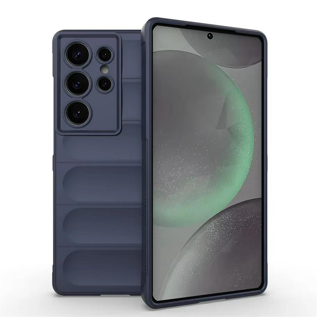 Coque de téléphone bleue avec protection de caméra. Deux téléphones. Fond blanc.
