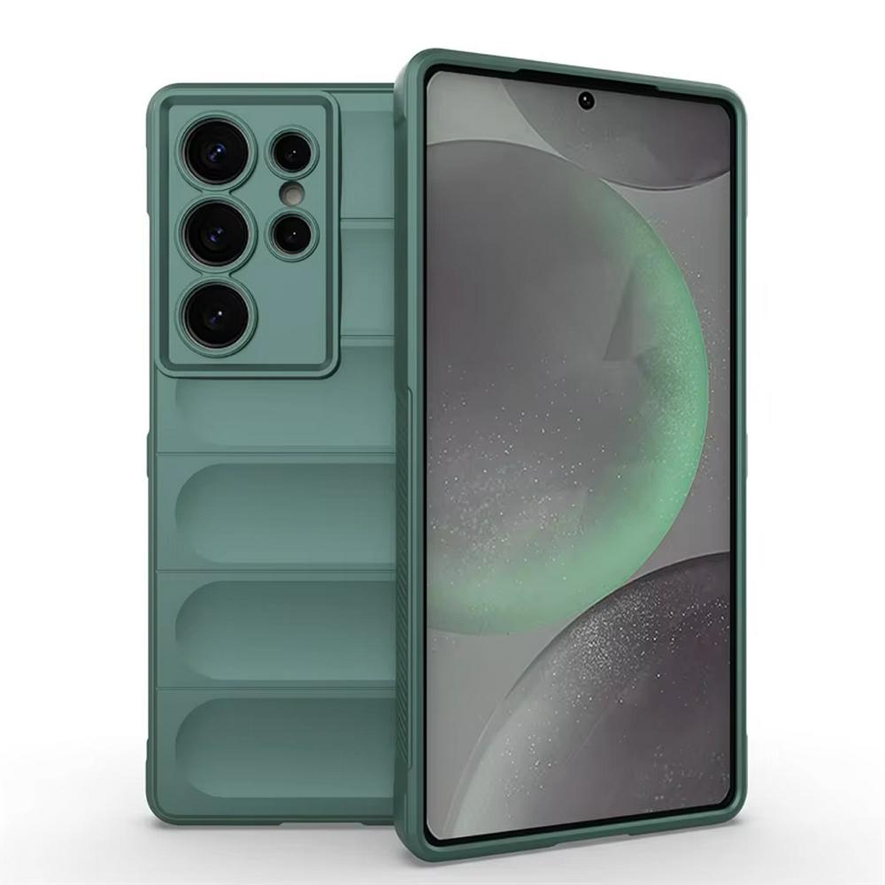 Coque de téléphone verte avec un téléphone à l'intérieur. L'arrière a une découpe pour l'appareil photo et un design texturé.