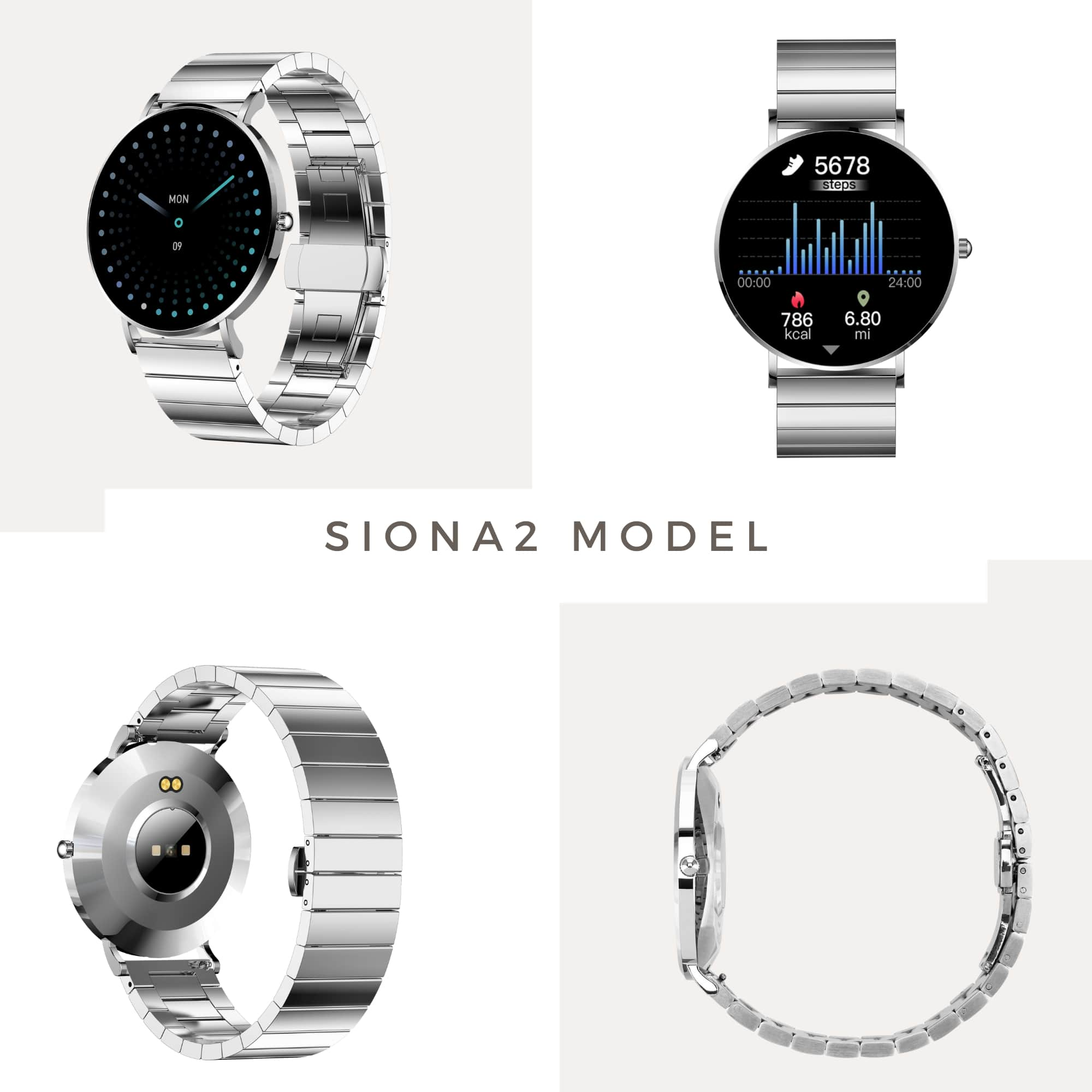 Silberne Smartwatch mit Zeit- und Gesundheitsdaten. Verschiedene Ansichten.
