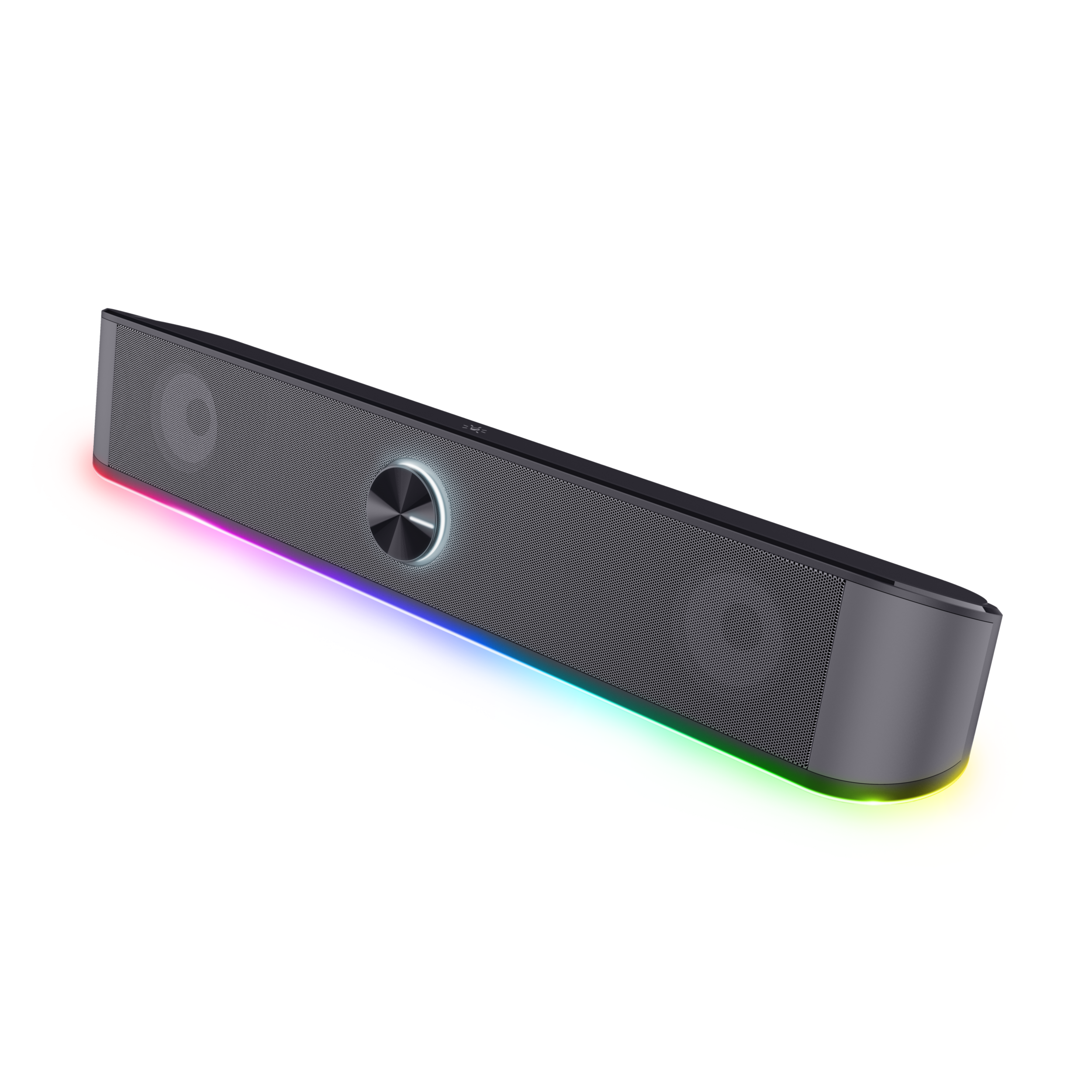 Eine lange, graue Soundbar mit bunten Lichtern an der Unterseite. Sie befindet sich auf einem schwarzen Hintergrund.