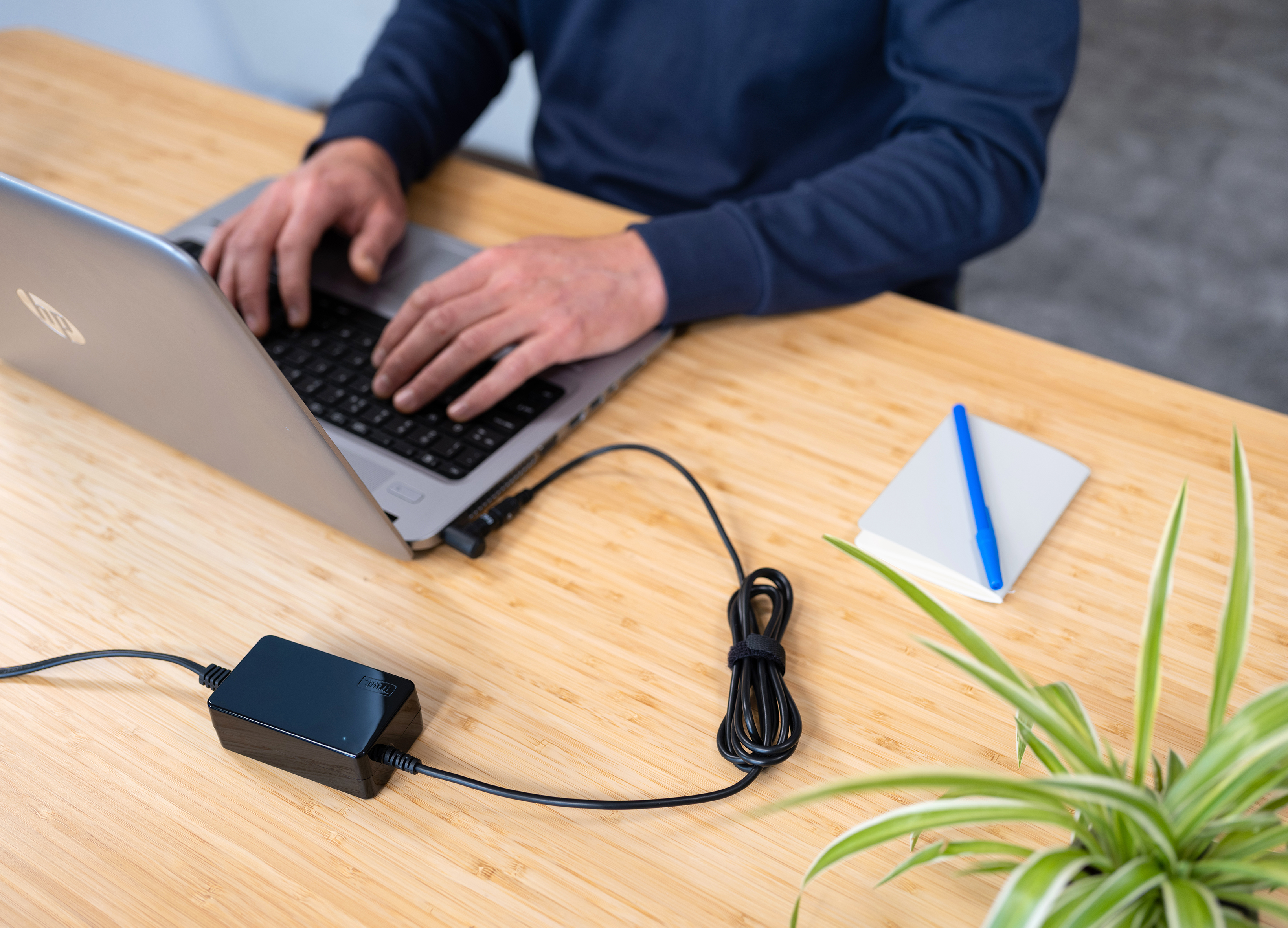 Eine Person, die an einem Laptop arbeitet. Ein schwarzes Netzteil und ein Stift liegen auf dem Holztisch. Grüne Pflanze im Hintergrund.
