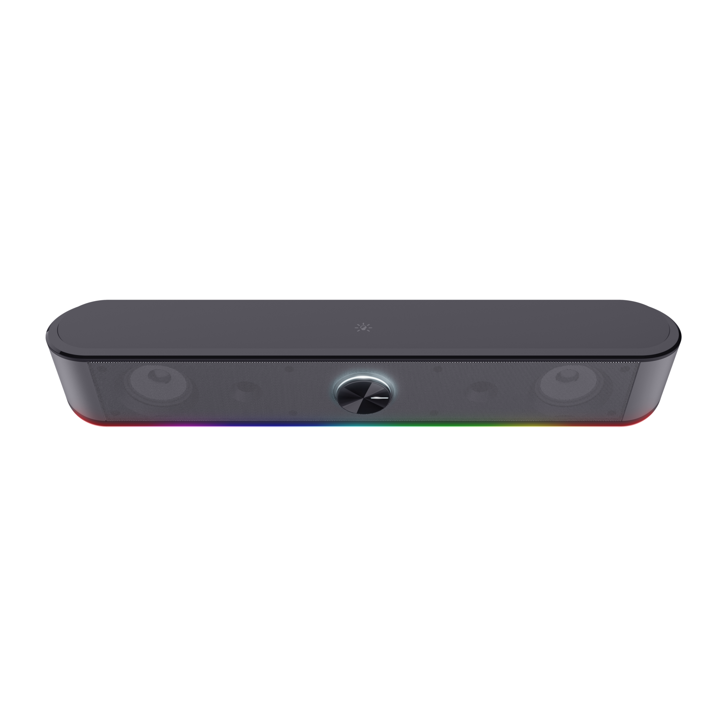 Dunkelgraue Soundbar mit bunten LED-Leuchten an der Unterseite.