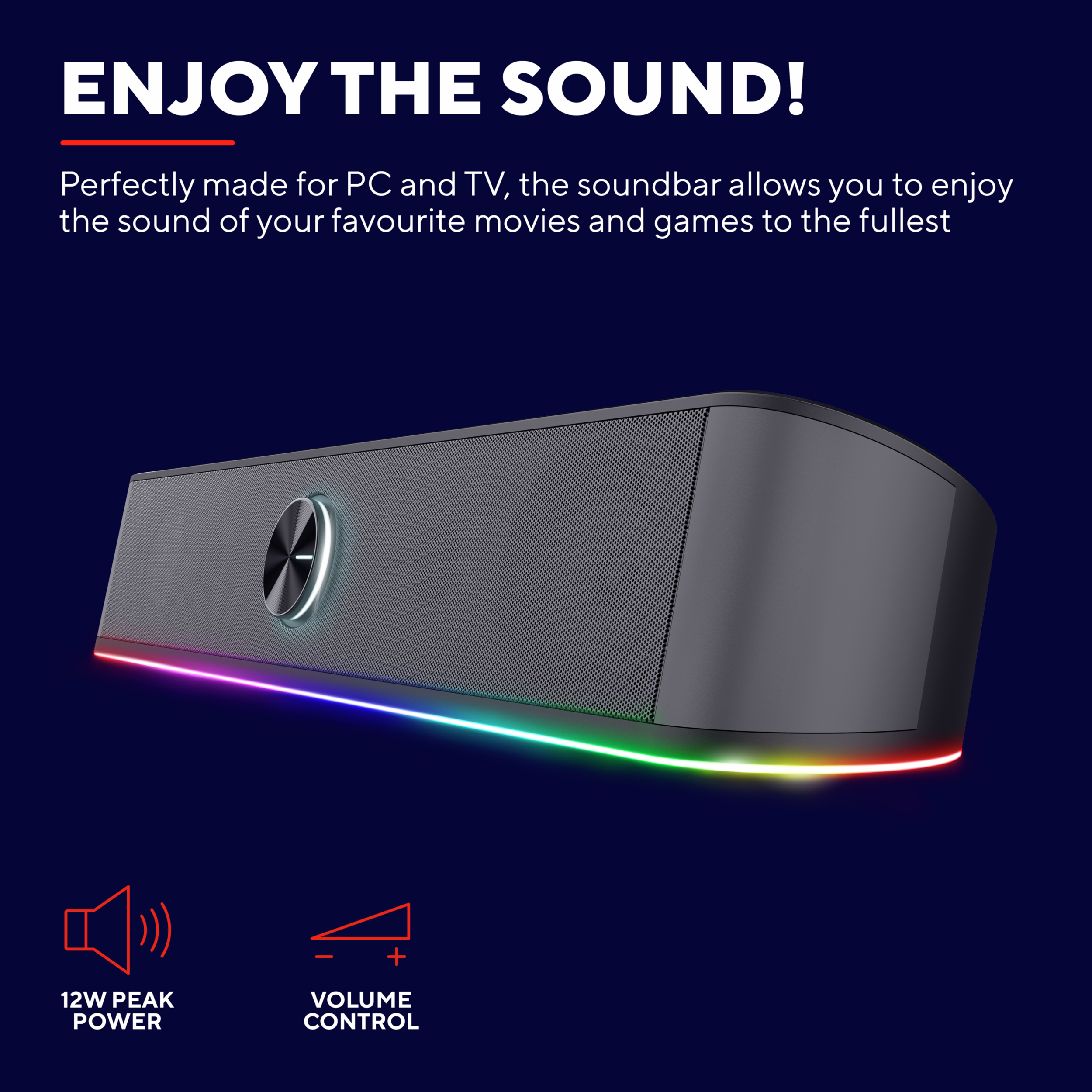 Schwarze Soundbar mit bunten Lichtern, einem silbernen Mittelteil und Symbolen für Leistung & Lautstärkeregelung.