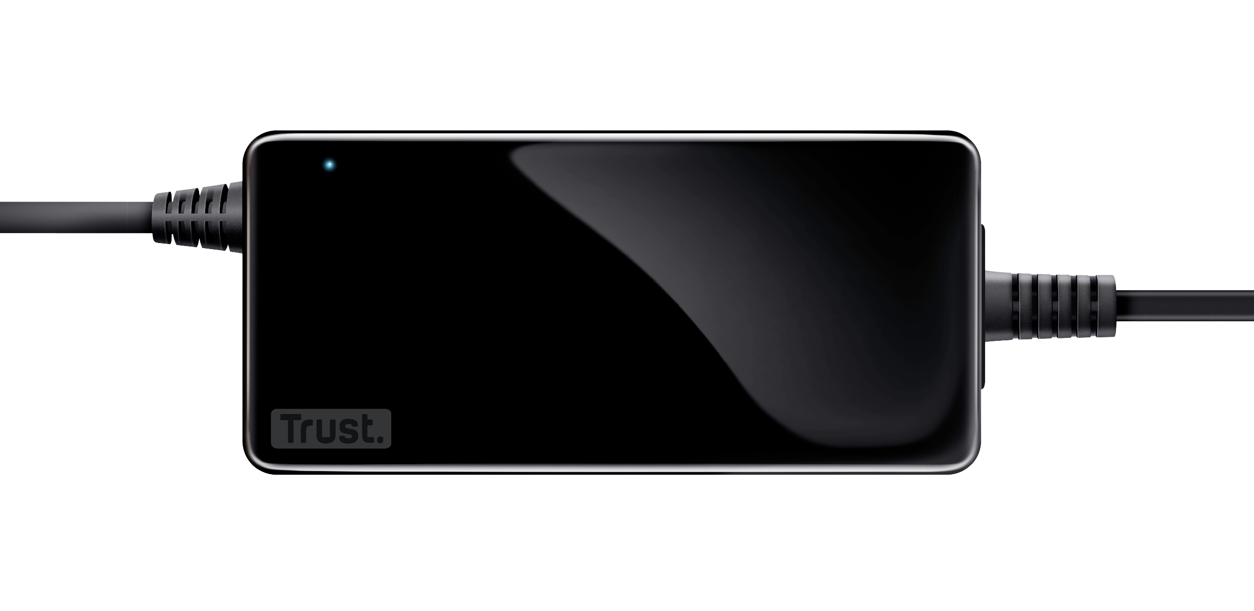 Black Trust power adapter with a blue light, plugged into a black cable.