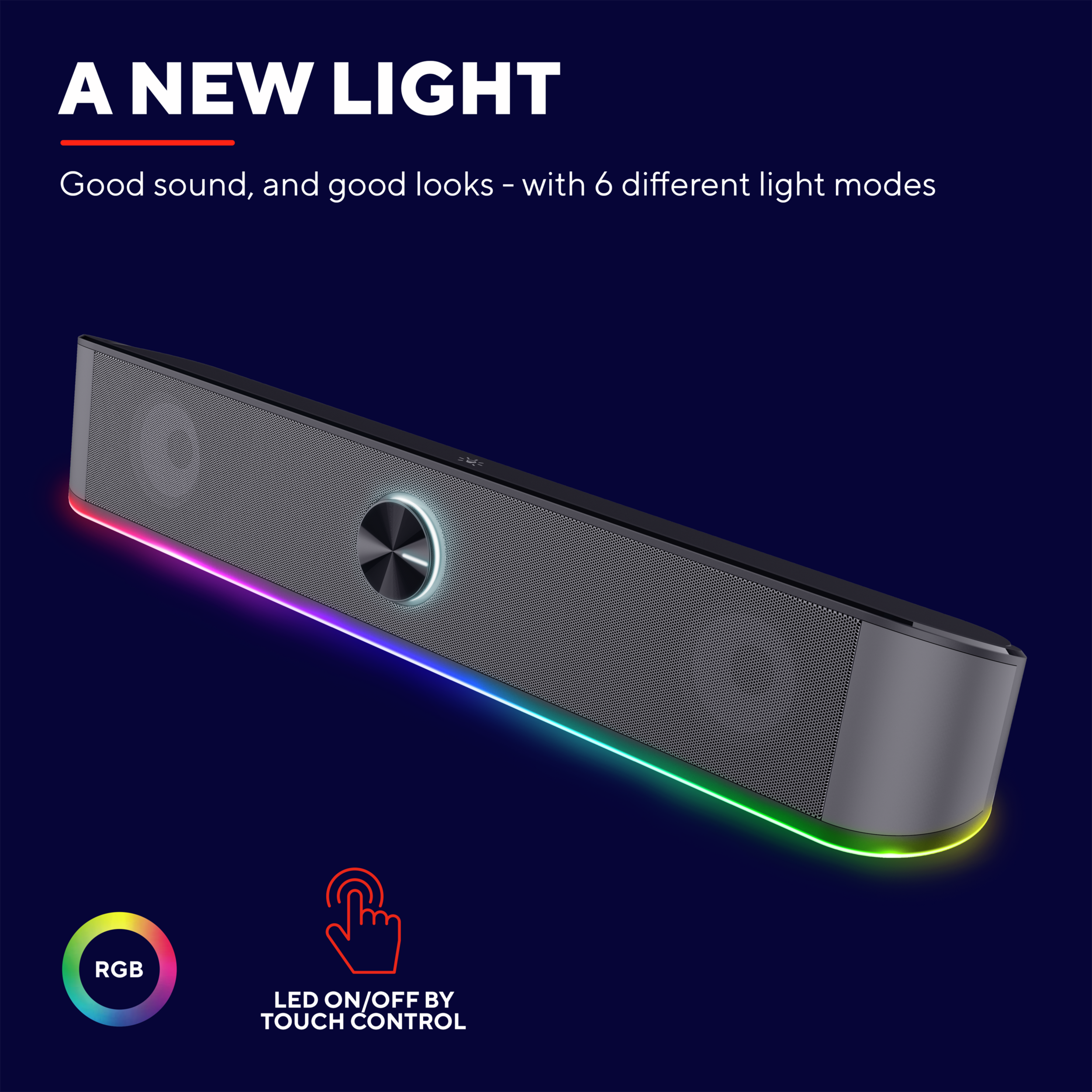 Eine dunkelgraue Soundbar mit mehrfarbigen LED-Leuchten unten. Text: A New Light.
