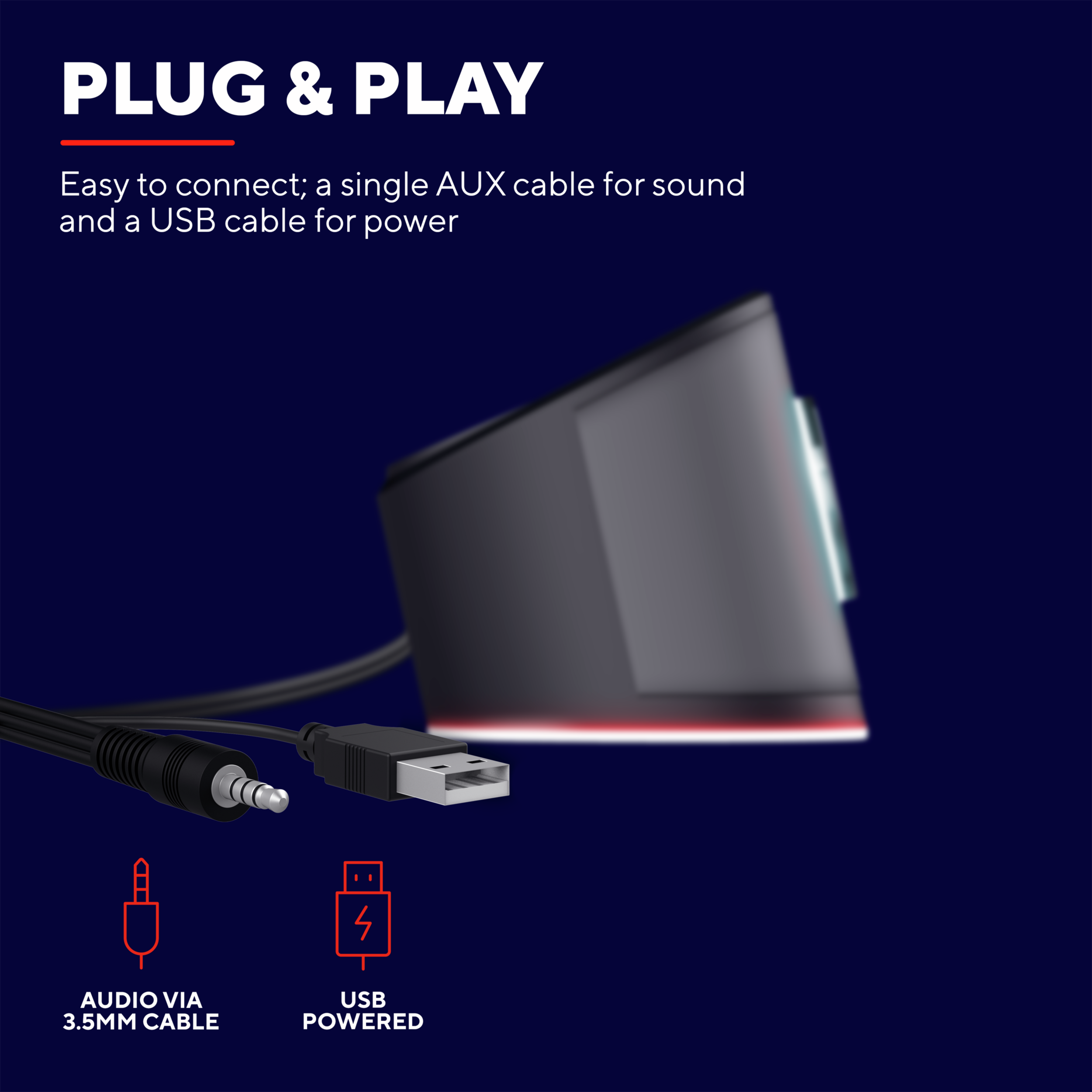 Ein Lautsprecher mit rotem Akzent, verbunden mit einem Audio- und USB-Kabel. Text: „Plug & Play“.