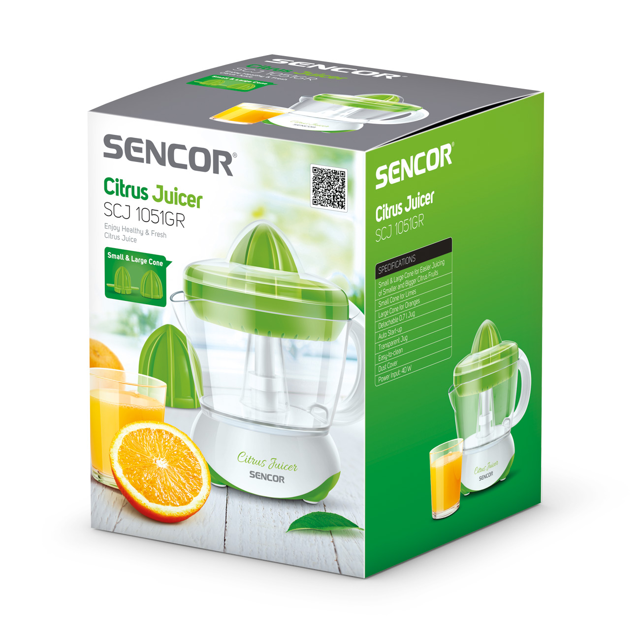 Zitrus-Entsafter-Box mit Entsafter, Orange und Glas Saft, plus Produktspezifikationen.