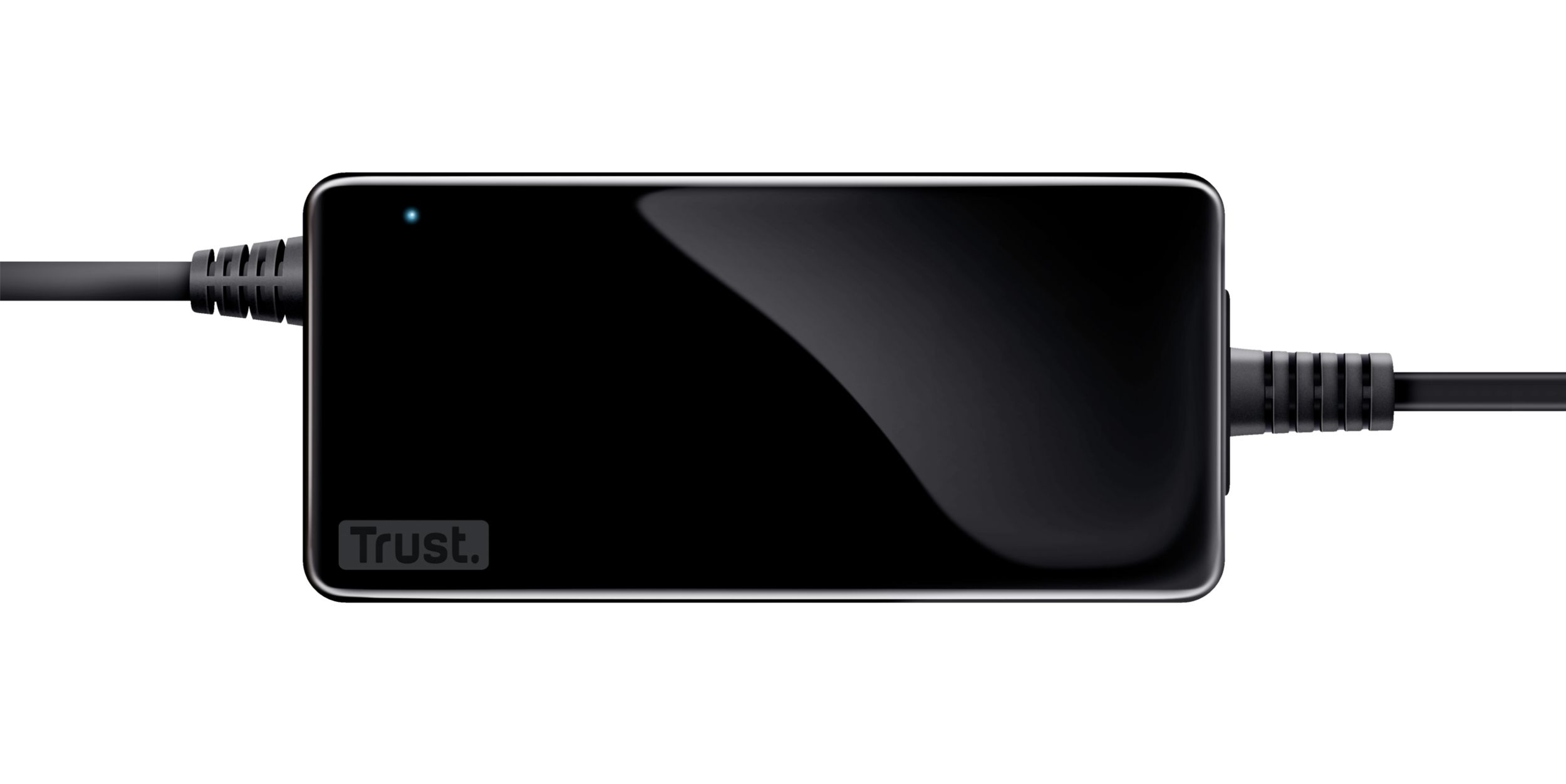 Ein schwarzes Netzteil mit Trust-Logo. Der Adapter hat an beiden Enden ein schwarzes Kabel. Der Hintergrund ist schwarz.