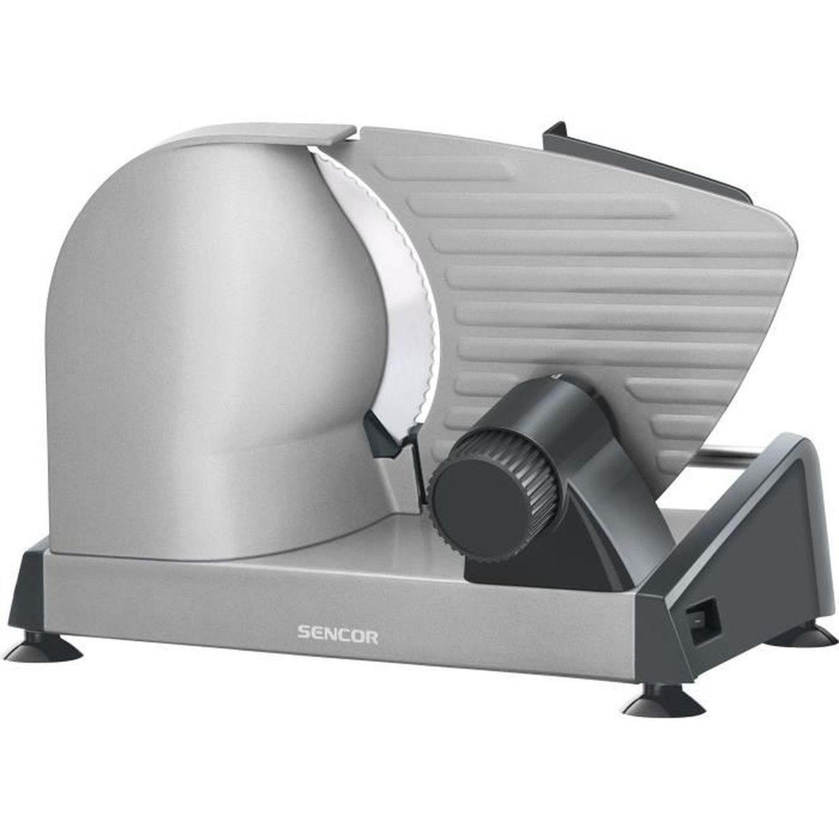 Srebrno-czarna krajalnica do mięsa Sencor na białej powierzchni, z zakrzywionym ostrzem.