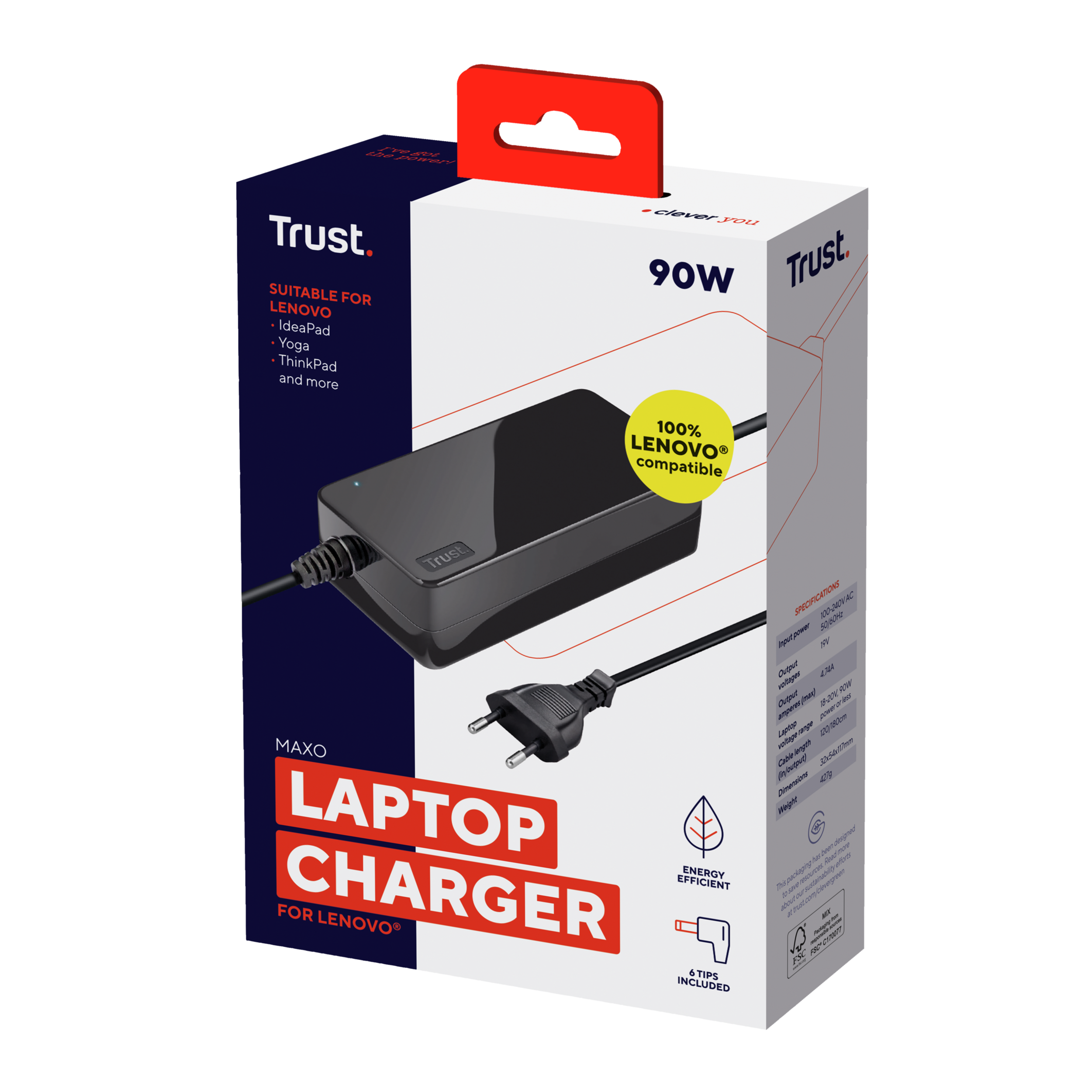 Laptop-Ladegerät in einer Box. Box mit Trust- und Lenovo-Logo, Text '90W'.