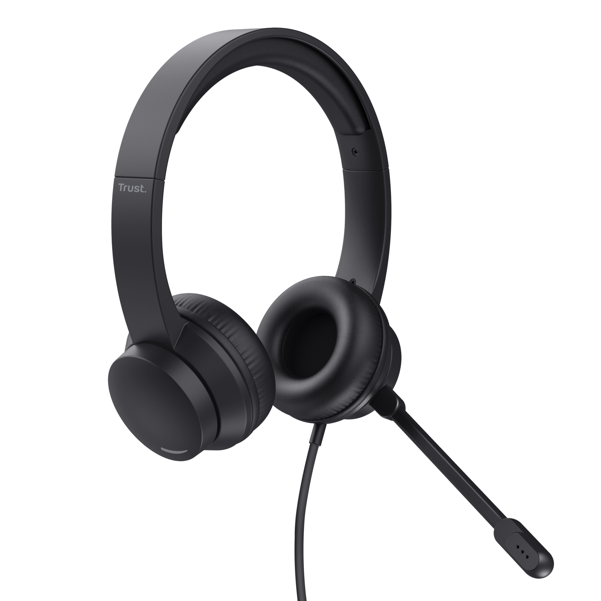 Black headset with a microphone. The headset is designed for communication.