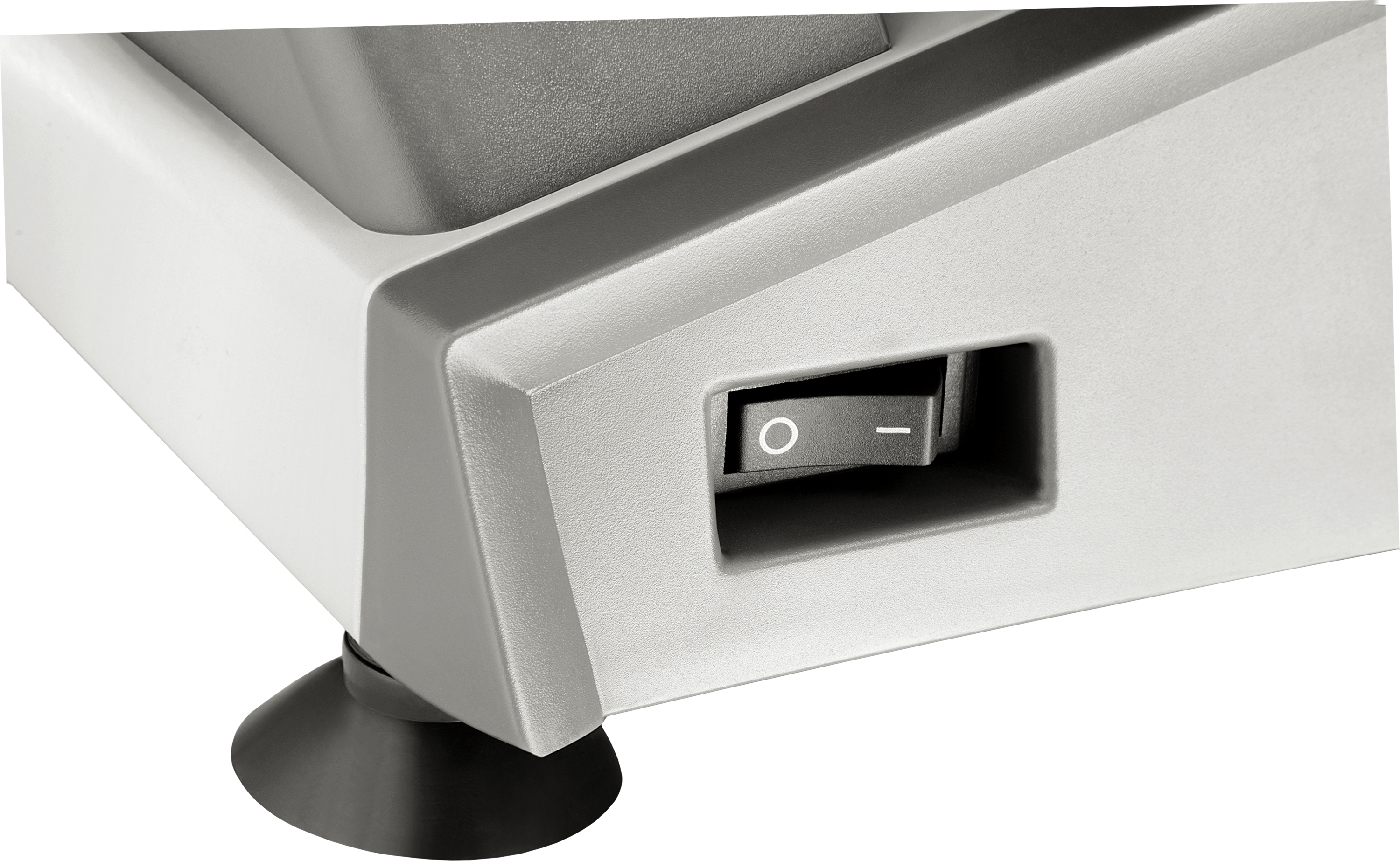 Włącznik/wyłącznik na białym urządzeniu, z bliskim widokiem przełącznika i otaczającego panelu.