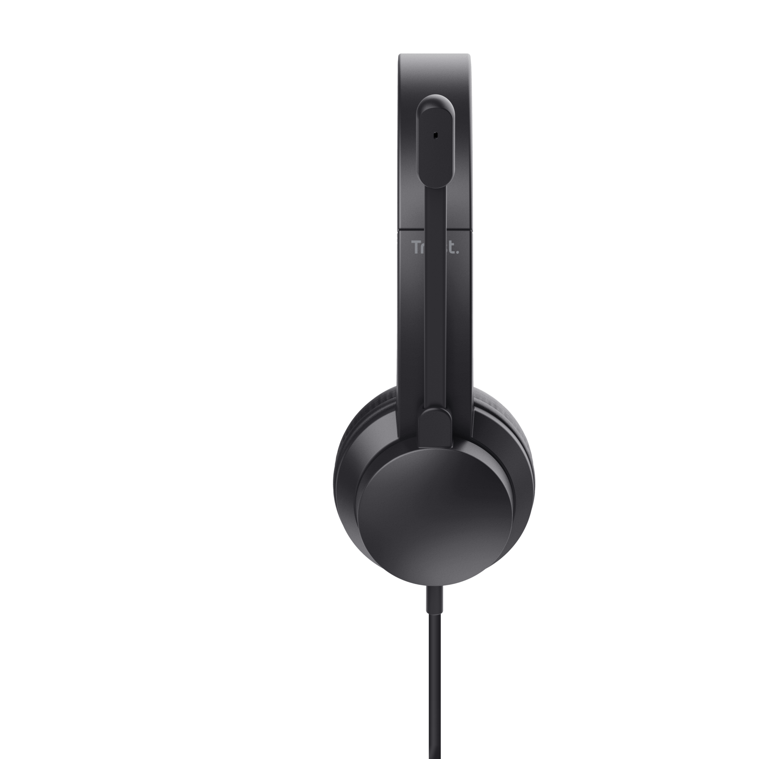 Black headphones with a microphone. The cord is visible against a black background.