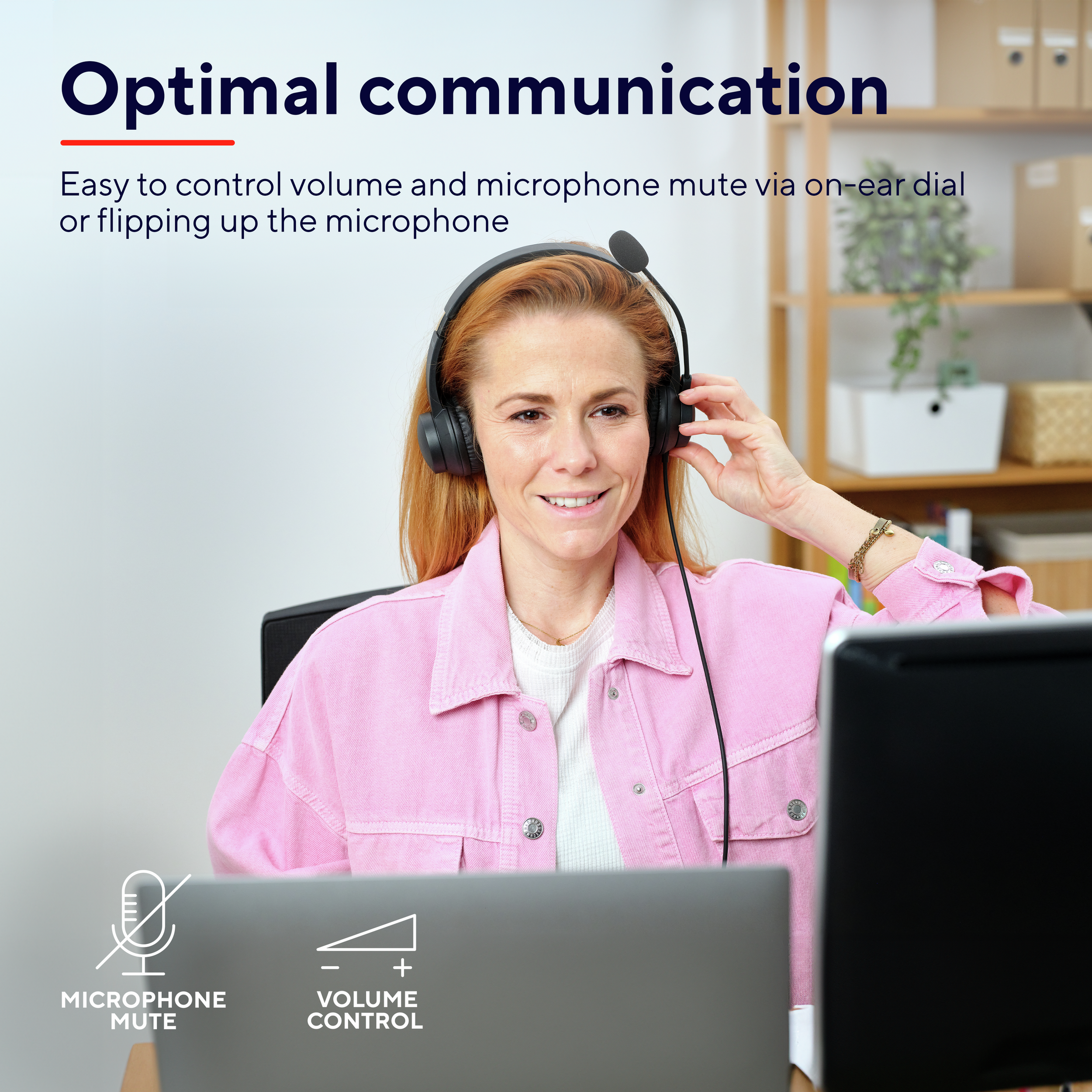 Woman wearing headset, smiling, using laptop. Text: Optimal communication. Microphone mute and volume control icons.
