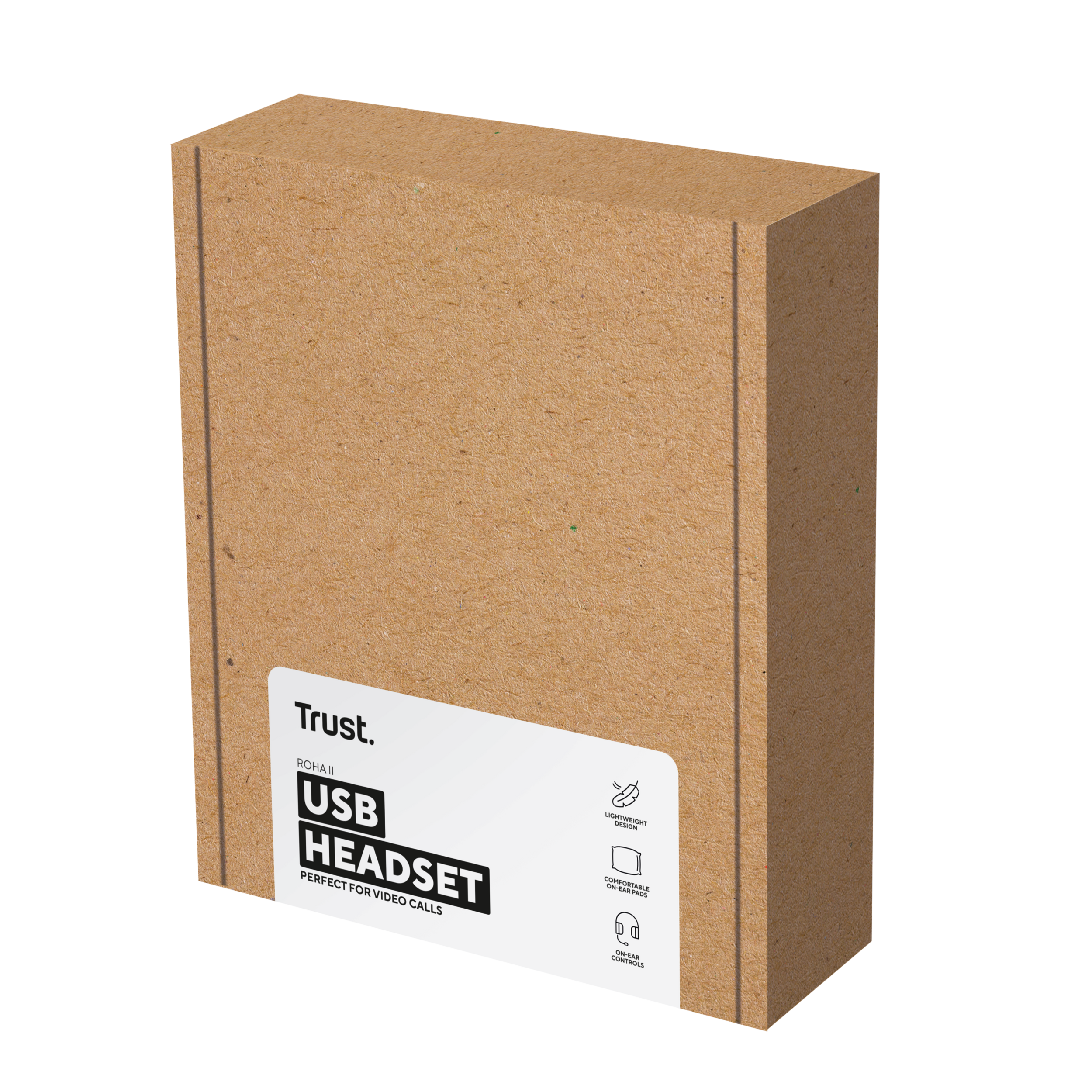 Cardboard box labeled 'Trust USB Headset'. Lightweight, comfortable ear pads and clear sound icons.