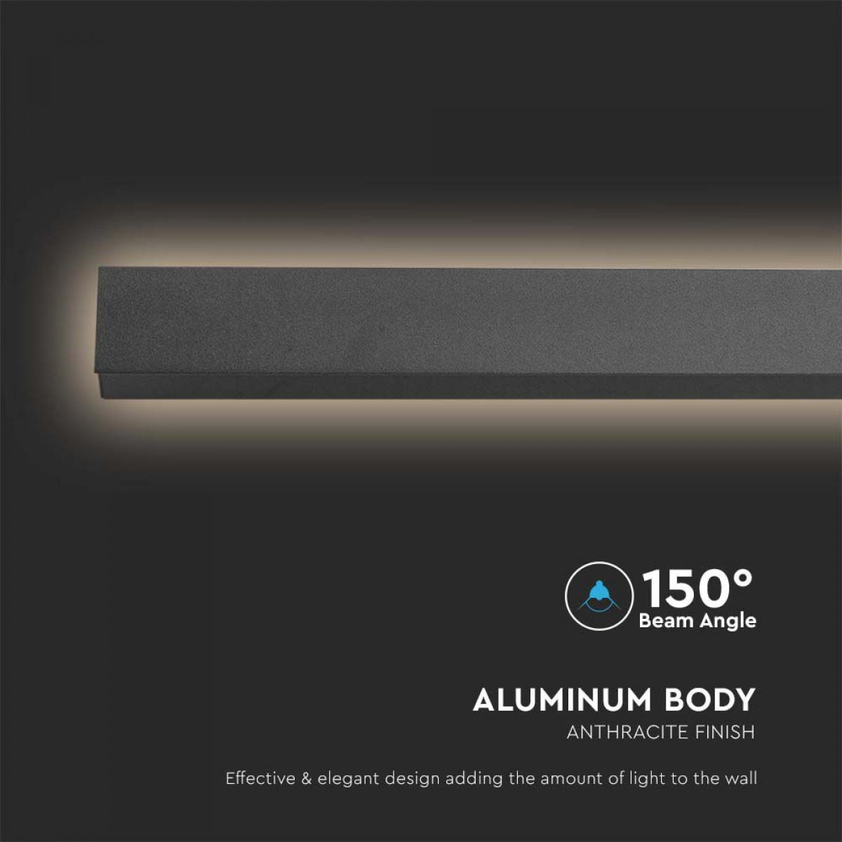 Una lampada da parete nera con un angolo del fascio di 150 gradi. Il corpo è in alluminio con finitura antracite.
