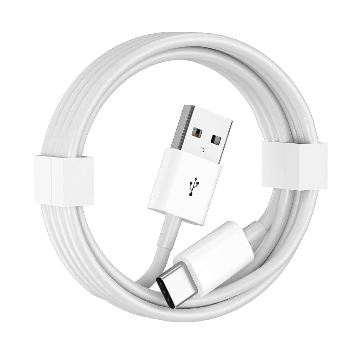 Cavo USB bianco con connettori USB-A e USB-C, arrotolato.