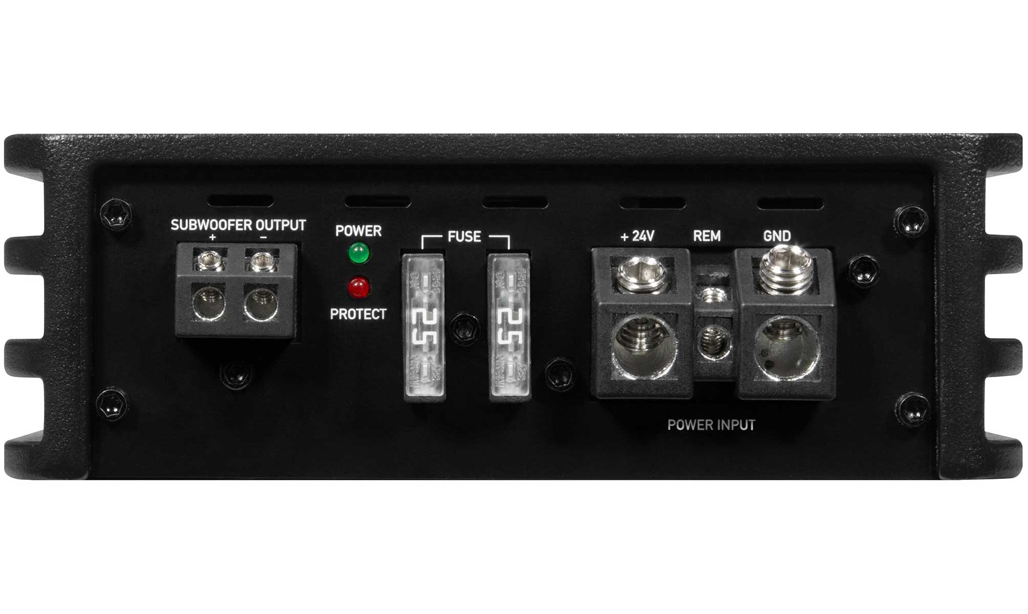 Die Rückseite eines schwarzen Auto-Audioverstärkers mit beschrifteten Strom-, Sicherungs- und Ein-/Ausgangsanschlüssen.