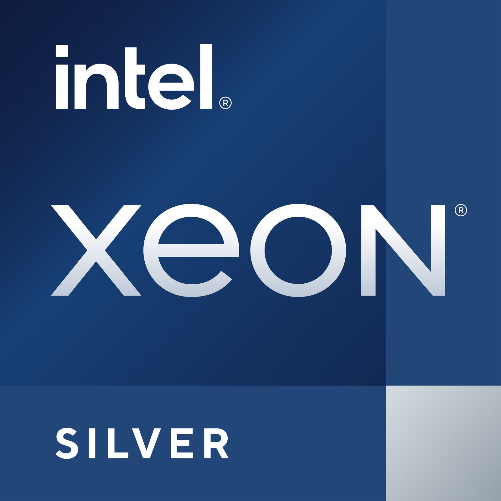 Logo Intel Xeon Silver na ciemnoniebieskim tle.