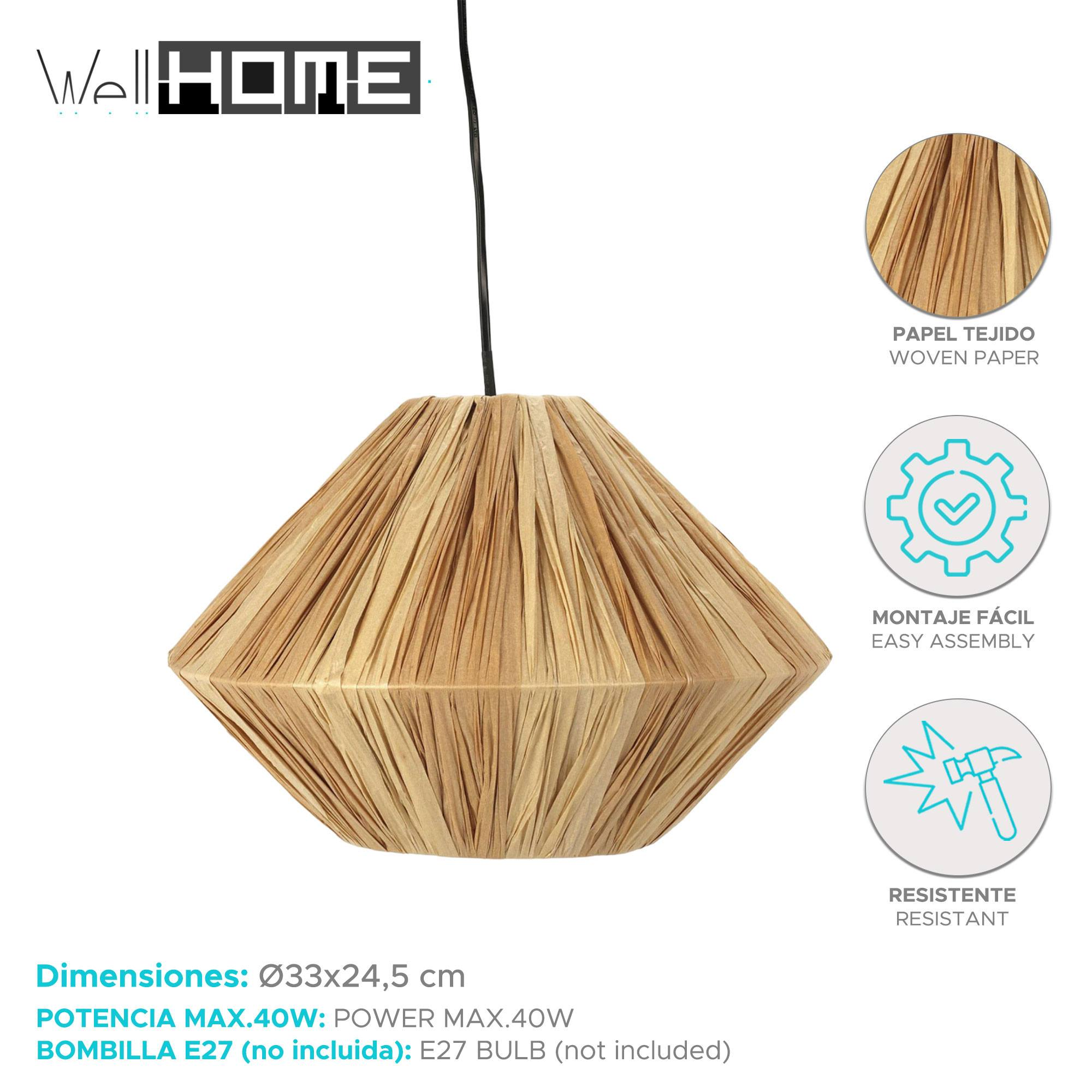 Lámpara colgante con pantalla de papel tejido, forma de diamante y texto en español.