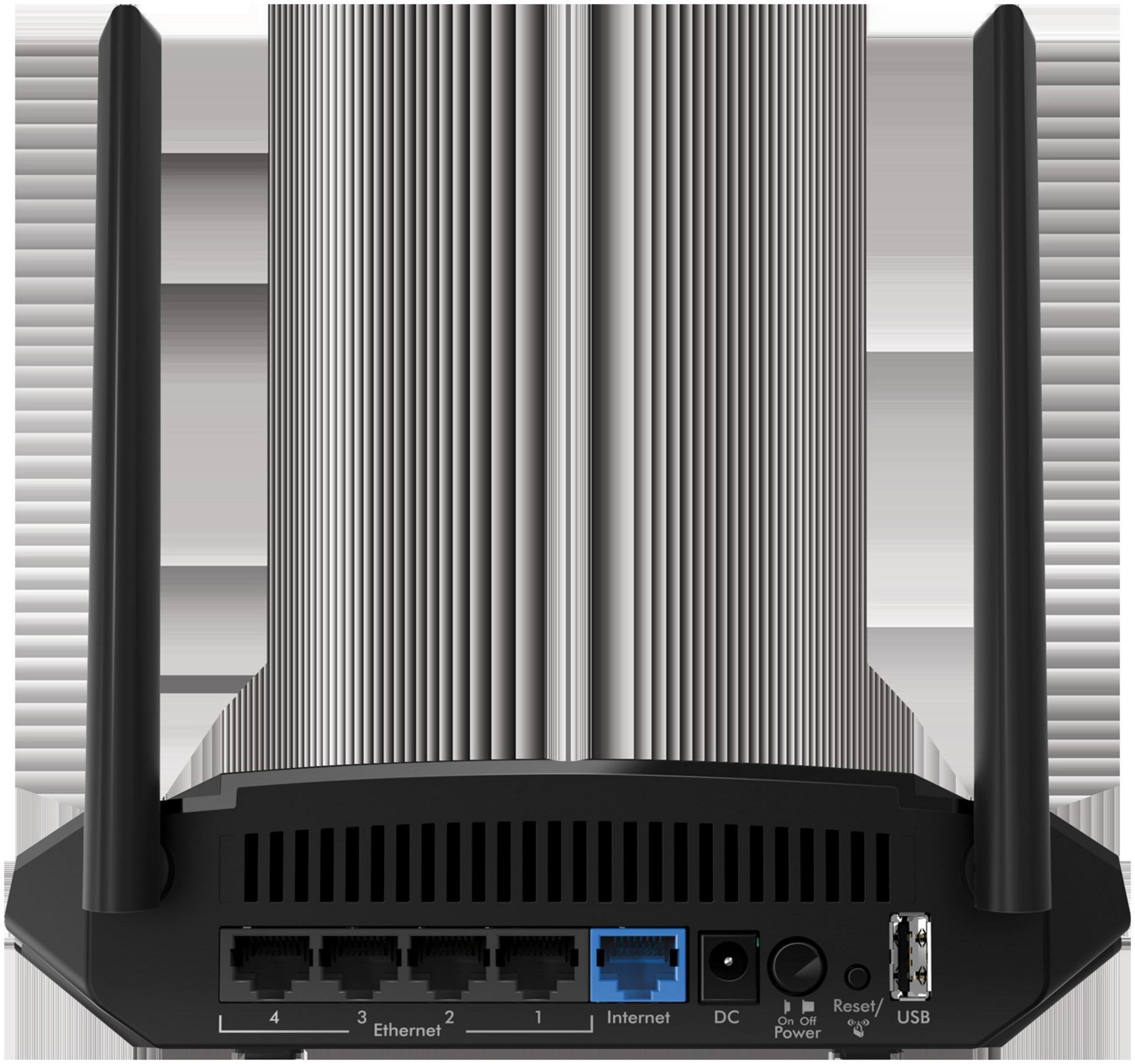 Czarny router z dwiema antenami. Porty Ethernet, Internet, DC i USB, z przyciskiem zasilania.