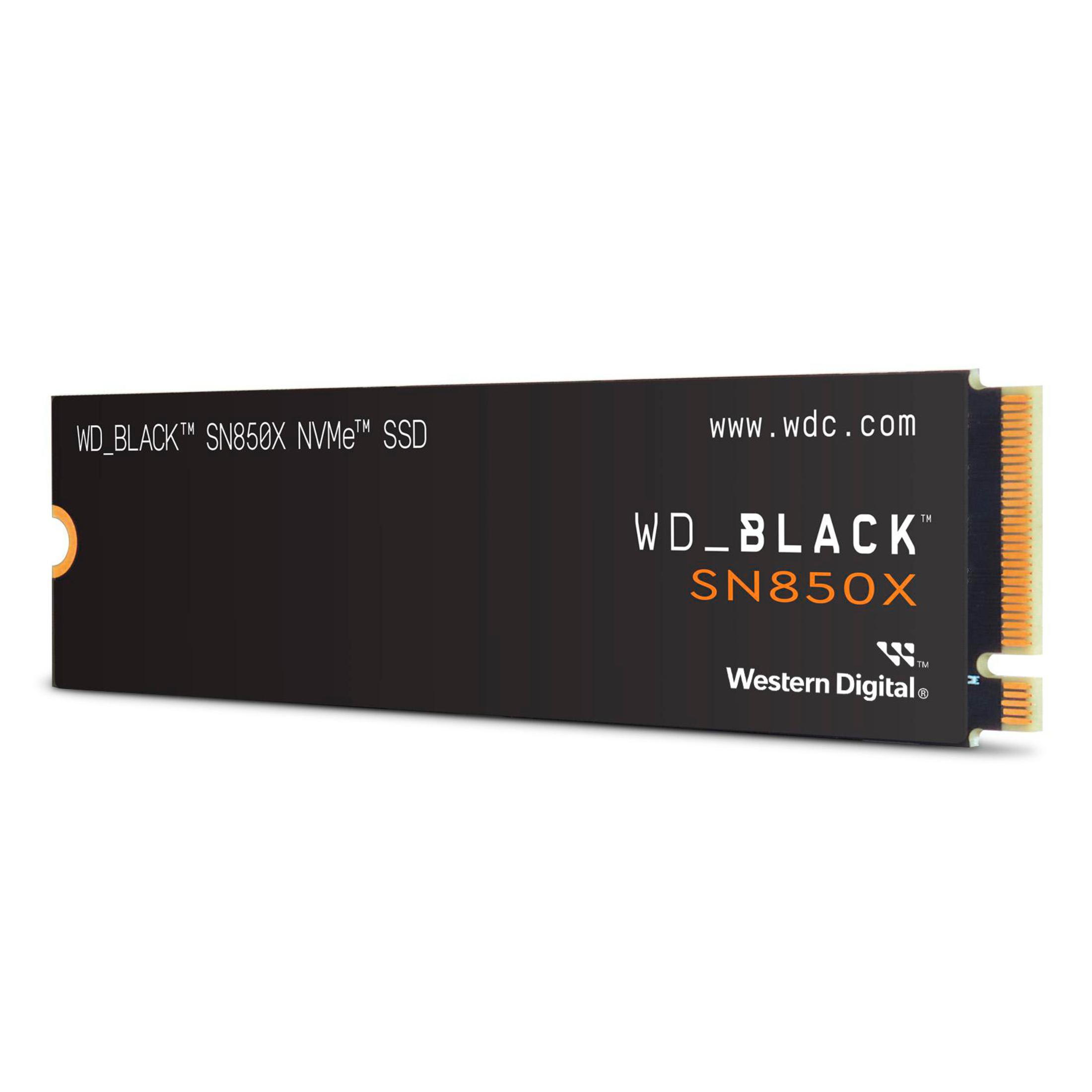 Un SSD NVMe WD_BLACK SN850X negro con texto blanco sobre un fondo blanco.