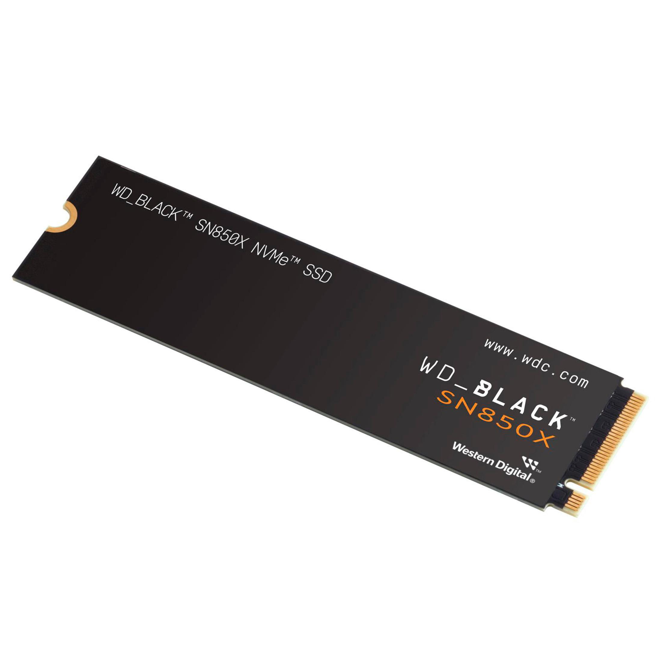 Unidad SSD NVMe WD_BLACK SN850X negra. La unidad es rectangular con texto blanco.