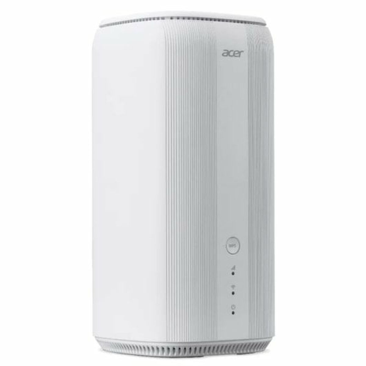 Biały router Acer, cylindryczny kształt, ze wskaźnikami i przyciskami.