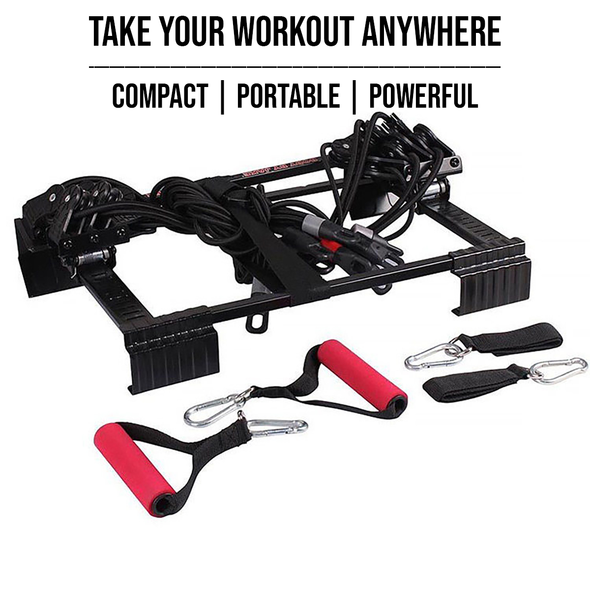 Equipo de entrenamiento negro con asas rojas y accesorios sobre fondo blanco. Texto: 'Compacto | Portátil | Potente'.