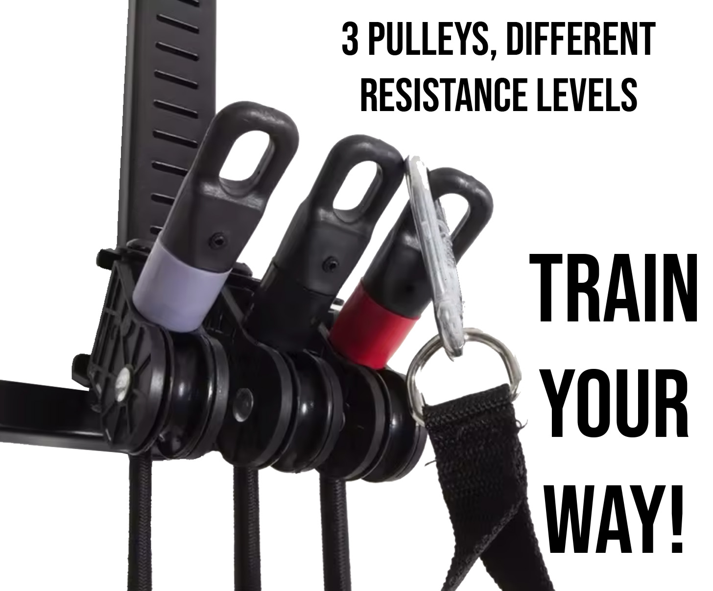 Máquina de ejercicios. 3 poleas, diferentes niveles de resistencia. Texto: ¡Entrena a tu manera!